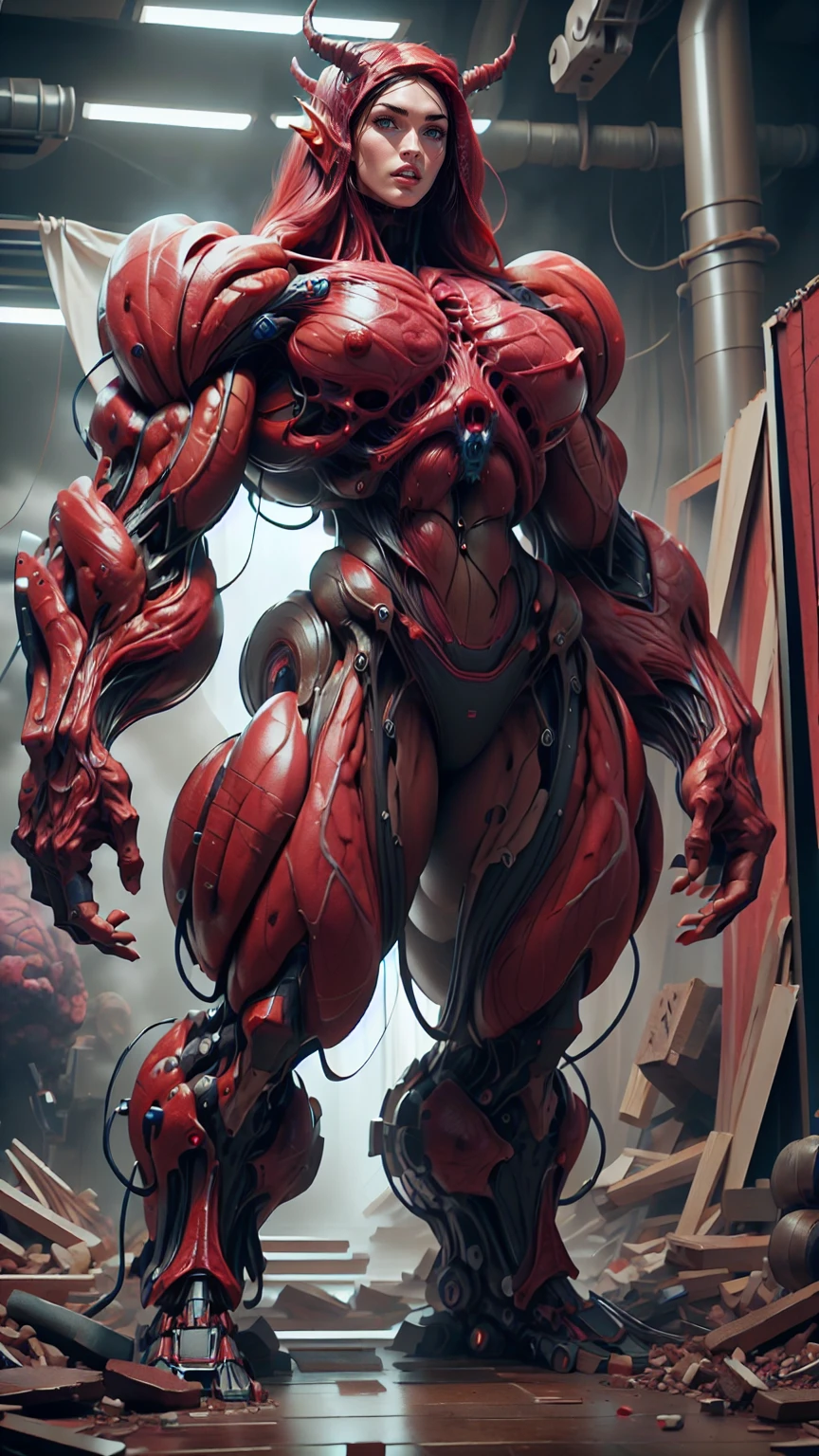 Cinematic, clear facial features and insanely detailed, the image captures the essence of (1 girl), (megan fox:1.25), (long red hair), (carnage skinless physique:1.25), (1 super muscular undead skinless succubus with gigantic horns:1.25), (covered in red necrotic rotting skinless muscle:1.25), (exposed muscles & veins everywhere:1.25), (perfect fingers:1.25) (full body pose:1.25). The color grading is beautifully done, enhancing the overall cinematic feel. Unreal Engine makes her appearance even more mesmerizing. With depth of field (DOF), every detail is focused and accentuated, drawing attention to her eyes and hair. Peak image resolution utilizing super-resolution technology ensures pixel perfection. Cinematic lighting enhances her aura, while anti-aliasing techniques like FXAA and TXAA keep the edges smooth and clean. Adding realism to the muscular bio-mecha succubus , RTX technology enables ray tracing. Additionally, SSAO (Screen Space Ambient Occlusion) gives depth and realism to the scene, the girl's presence even more convincing. In the post-processing and post-production stages, tone mapping enhances the colors, creating a captivating visual experience. The integration of CGI (Computer-Generated Imagery) and VFX (Visual Effects brings out her demonic features seamlessly . Icredible level of detail, with intricate elements meticulously crafted, the artwork hyper maximalist and hyper-realistic. Volumetric effects add depth and dimension, with unparalleled photorealism. 8k resolution rendering ensures super detailed visuals. The volumetric lighting adds a touch of magic, highlighting her beauty and aura in an otherworldly way. High Dynamic Range (HDR) tech makes the colors pop, adding richness to the overall composition. Ultimately, this artwork presents an unreal, yet stunningly real portrayal of an incredibly beautiful bio-mecha succubus girl. The sharp focus ensures that every feature is crisply defined, creating a captivating presence.