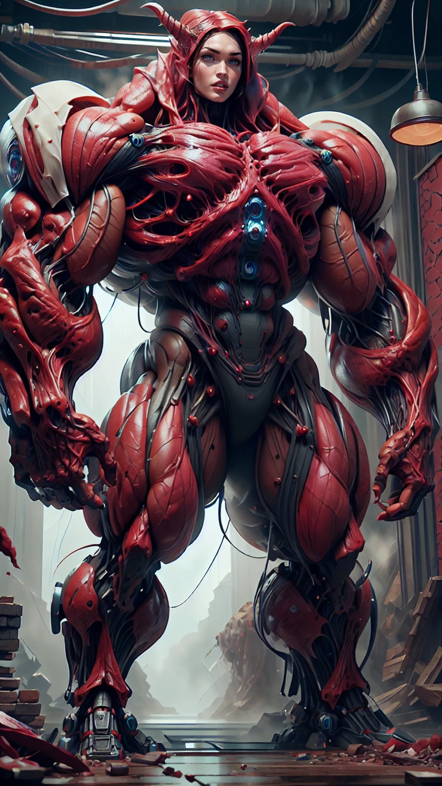 Cinematic, clear facial features and insanely detailed, the image captures the essence of (1 girl), (megan fox:1.25), (long red hair), (carnage skinless physique:1.25), (1 super muscular undead skinless succubus with gigantic horns:1.25), (covered in red necrotic rotting skinless muscle:1.25), (exposed muscles & veins everywhere:1.25), (perfect fingers:1.25) (full body pose:1.25). The color grading is beautifully done, enhancing the overall cinematic feel. Unreal Engine makes her appearance even more mesmerizing. With depth of field (DOF), every detail is focused and accentuated, drawing attention to her eyes and hair. Peak image resolution utilizing super-resolution technology ensures pixel perfection. Cinematic lighting enhances her aura, while anti-aliasing techniques like FXAA and TXAA keep the edges smooth and clean. Adding realism to the muscular bio-mecha succubus , RTX technology enables ray tracing. Additionally, SSAO (Screen Space Ambient Occlusion) gives depth and realism to the scene, the girl's presence even more convincing. In the post-processing and post-production stages, tone mapping enhances the colors, creating a captivating visual experience. The integration of CGI (Computer-Generated Imagery) and VFX (Visual Effects brings out her demonic features seamlessly . Icredible level of detail, with intricate elements meticulously crafted, the artwork hyper maximalist and hyper-realistic. Volumetric effects add depth and dimension, with unparalleled photorealism. 8k resolution rendering ensures super detailed visuals. The volumetric lighting adds a touch of magic, highlighting her beauty and aura in an otherworldly way. High Dynamic Range (HDR) tech makes the colors pop, adding richness to the overall composition. Ultimately, this artwork presents an unreal, yet stunningly real portrayal of an incredibly beautiful bio-mecha succubus girl. The sharp focus ensures that every feature is crisply defined, creating a captivating presence.