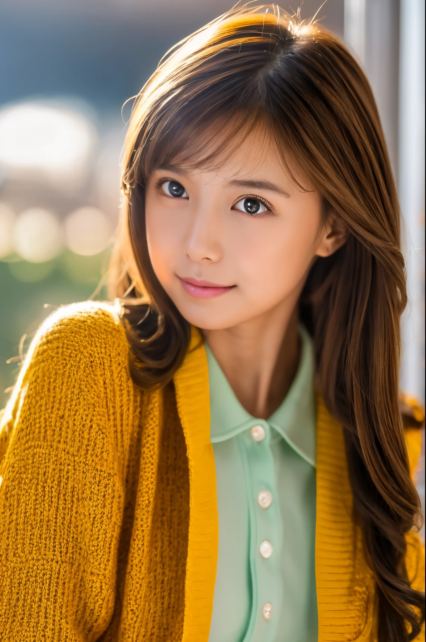 medium view, medium shot, written boundary depth, bust, Upper body, cinematic angle, masterpiece, highest quality, Super detailed, CG, 8k wallpaper, beautiful face, delicate eyes, maiden, alone, smile, bangs, have,mustard dress, bow, petal, bouquet