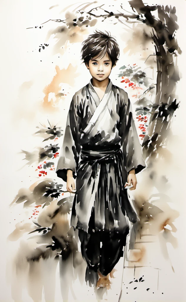 (best quality, highres, ultra-detailed:1.2), realistic, Ink Wash painting, vibrant colors, moody lighting, 1 boy, beautiful detailed eyes, expressive face, tousled hair, vibrant and flowing traditional clothing, standing in a serene natural surrounding, surrounded by lush green trees and blooming flowers, with a gentle breeze caressing his face, holding a small and intricate painted calligraphy scroll, which symbolizes wisdom and knowledge, a serene and introspective expression on his face, as if lost in deep thought, capturing a moment of tranquility and contemplation.