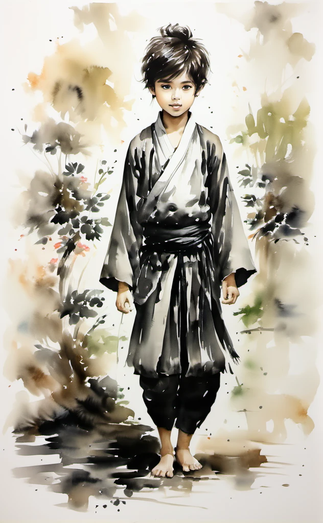 (best quality, highres, ultra-detailed:1.2), realistic, Ink Wash painting, vibrant colors, moody lighting, 1 boy, beautiful detailed eyes, expressive face, tousled hair, vibrant and flowing traditional clothing, standing in a serene natural surrounding, surrounded by lush green trees and blooming flowers, with a gentle breeze caressing his face, holding a small and intricate painted calligraphy scroll, which symbolizes wisdom and knowledge, a serene and introspective expression on his face, as if lost in deep thought, capturing a moment of tranquility and contemplation.