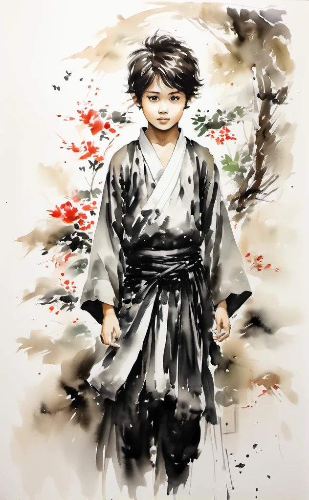 (best quality, highres, ultra-detailed:1.2), realistic, Ink Wash painting, vibrant colors, moody lighting, 1 boy, beautiful detailed eyes, expressive face, tousled hair, vibrant and flowing traditional clothing, standing in a serene natural surrounding, surrounded by lush green trees and blooming flowers, with a gentle breeze caressing his face, holding a small and intricate painted calligraphy scroll, which symbolizes wisdom and knowledge, a serene and introspective expression on his face, as if lost in deep thought, capturing a moment of tranquility and contemplation.