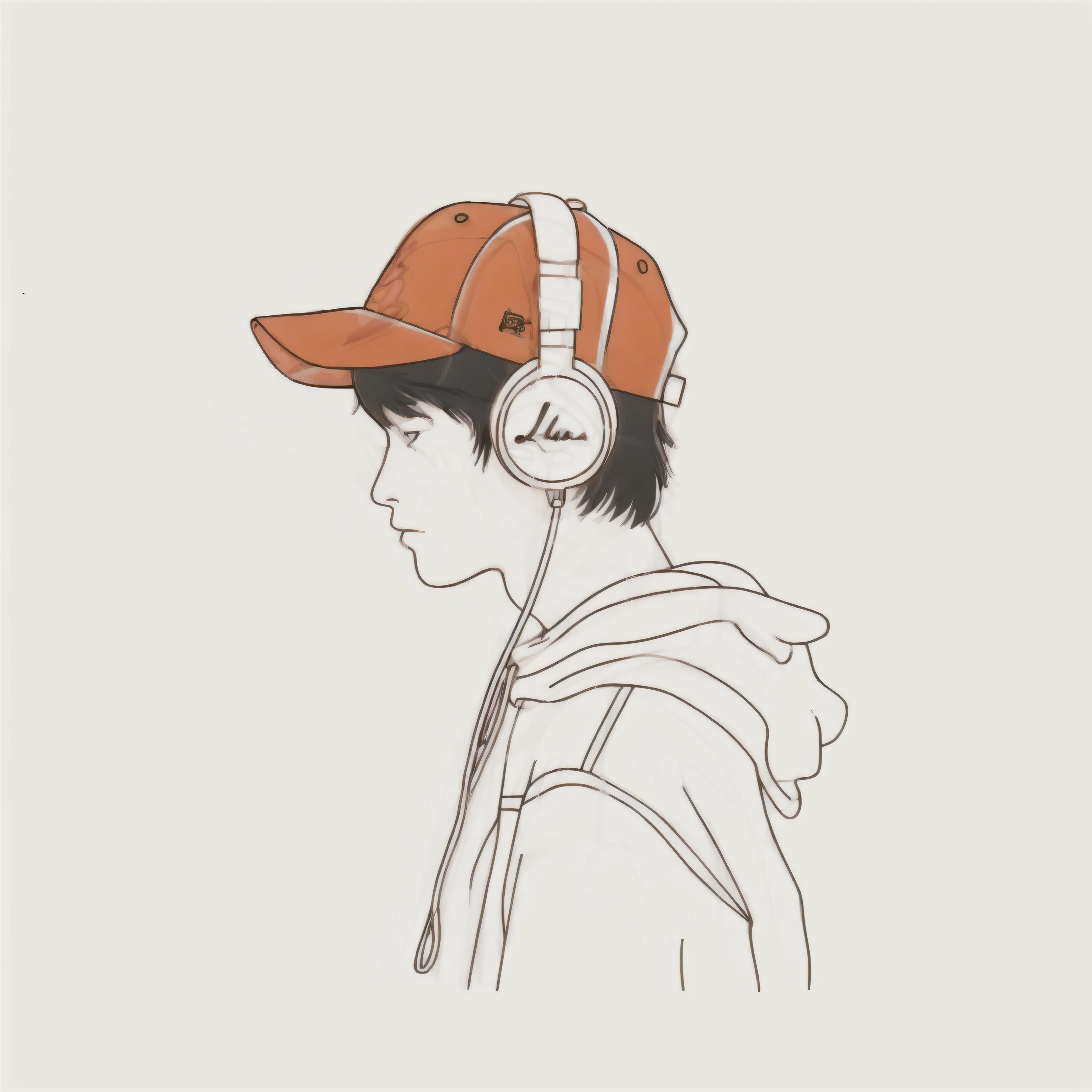 illustration of a boy wearing headphones and a baseball cap, With headphones, Illustration line art style, Comes with wireless headphones, wearing headphones, Vector line art style, young anime man, painting style, Lofi portrait, Line art illustration, listen to music, Sketch style, traditional style, anime boy, anime style illustration, draw line, wearing a baseball cap, illustration style