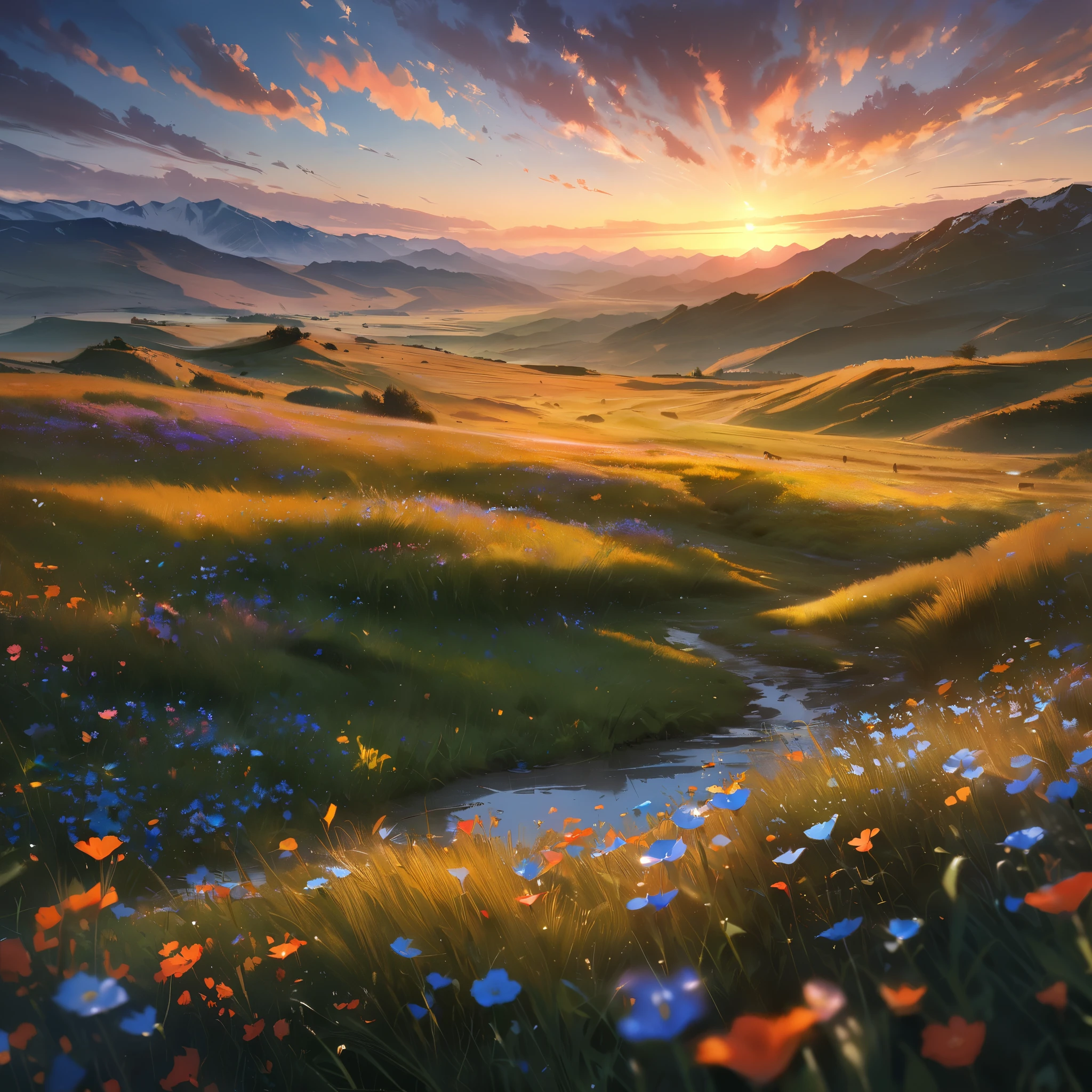 Wide-angle landscape,prairie,sky,clouds,sunset,distant mountains,herd of sheep in the foreground,swaying wildflowers,serene atmosphere,spacious(best quality,4k,8k,highres,masterpiece:1.2),ultra-detailed,realistic,landscape painting,vivid colors,studio lighting,sharp focus, HDR,physically-based rendering,peaceful,luminous hues