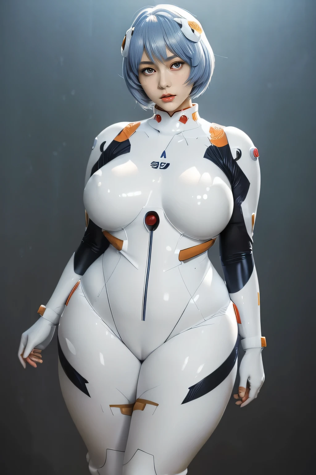 ((masterpiece)), ((photorealistic)), ((8k wallpaper)), ((best quality)), ((perfect quality)), solo, (detailed eyes:0.9), girl, blue short hair, Ayanami Rei, very beautiful, pose: ( standing, (eating donut), arm on belly), face : ( (very beautiful face), asian, japanese, (perfect face), (plump face), plump cheeks, cute face, young ) , figure: ( very full body, (very thick), (a bit chubby), (wide waist), (a bit chubby belly), very soft, (very curvy), (sexy curves), (huge breasts), sexy, (big deep navel), (love handles), fat thighs, long legs, fat ass, (muffin top), thunder thighs) , clothes : ( tight white plug suit, (ripped plug suit), (torn plug suit))
