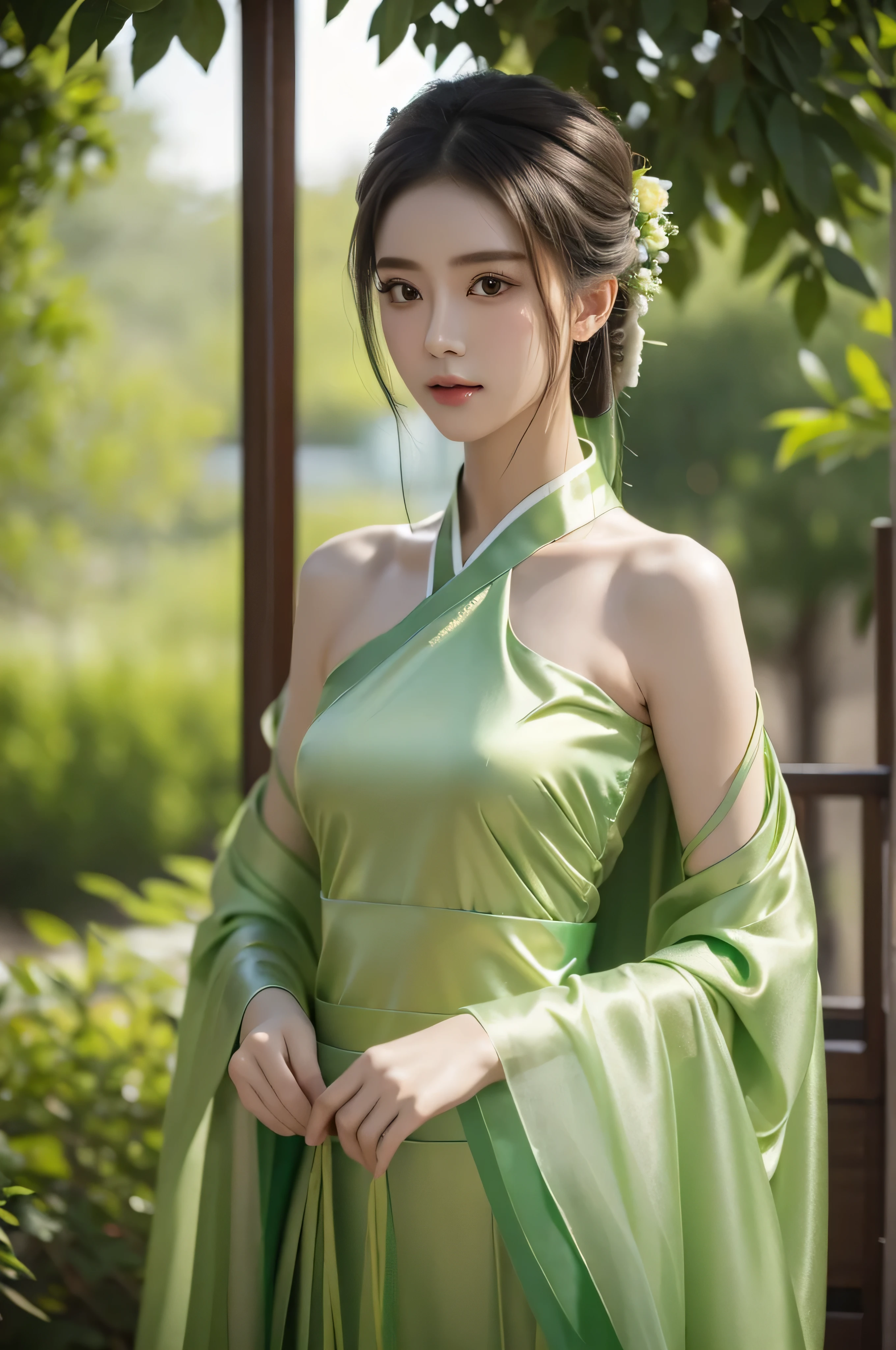 Fair, masterpiece, best quality, extremely detailed face,1 girl, alone，wrap your chest，Green silk tulle Hanfu，whole body