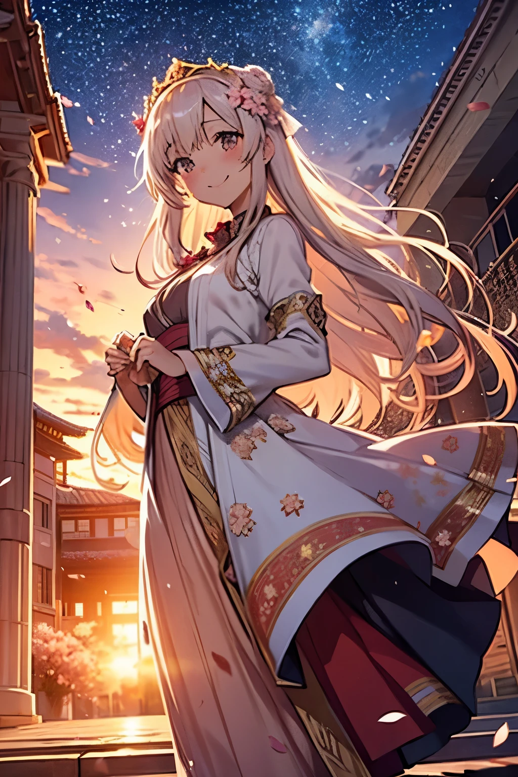 ((🌅)), on the theater stage, castle, tower, monument, tiara, dancing, loose long dress, 🌹🌷, flowers, lotus flowers, sakura, sakura petals, perfect hands, falling sakura petals, falling snowflakes, sunset, star, cluster of stars, shooting star, starry sky, blush, smile,