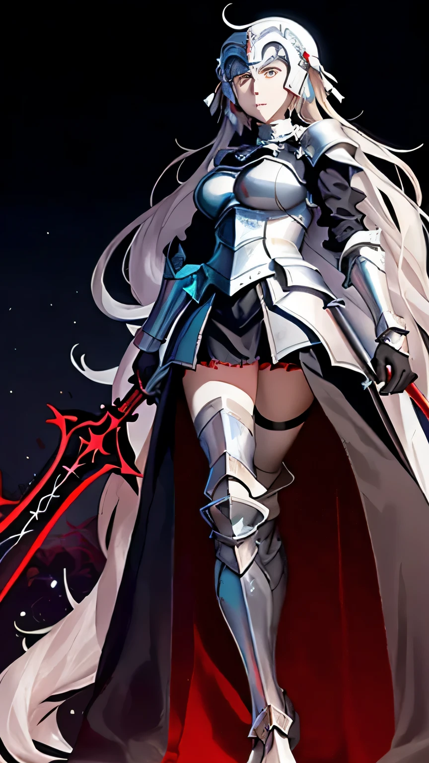 FGO), (((Saint Joan of Arc Horta)), big breasts, armor, Long wavy silver hair、(((moon on blue background)))
