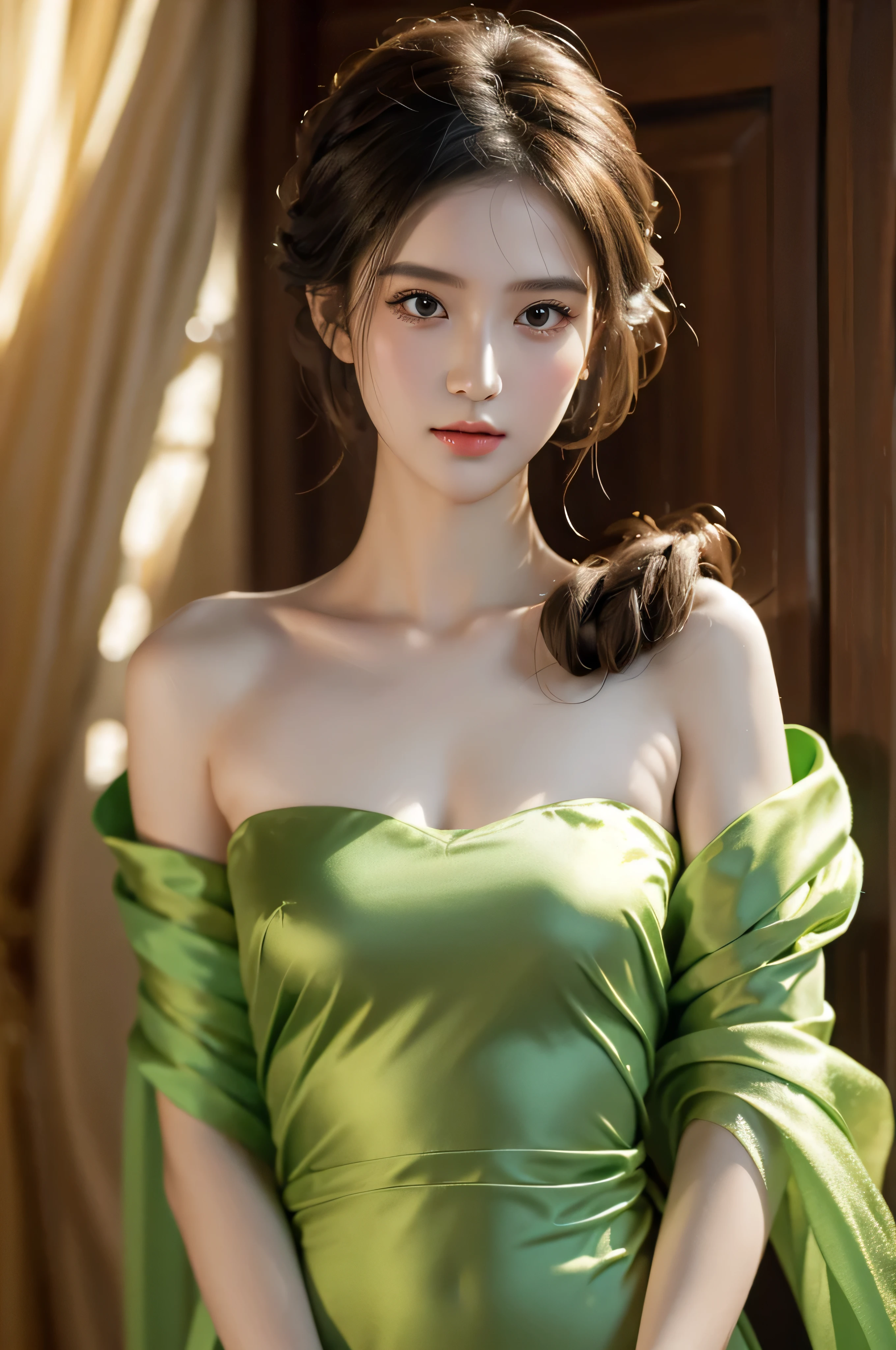 Fair, masterpiece, best quality, extremely detailed face,1 girl, alone，wrap your chest，Green silk tulle Hanfu，whole body