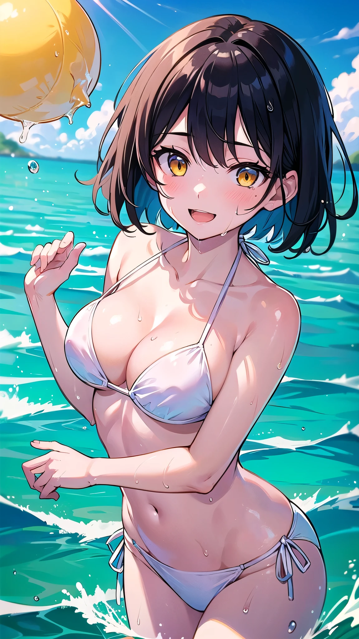 (masterpiece), (highest quality), (Super detailed), (beautiful illustrations), (pretty girl), (Better fingers:1.2), 1 girl, black hair, short hair, yellow eyes, , cleavage, Solid white bikini tops, Solid white side tie bikini bottom, ecstatic expression, Happy, Ocean, throw, (Wet),