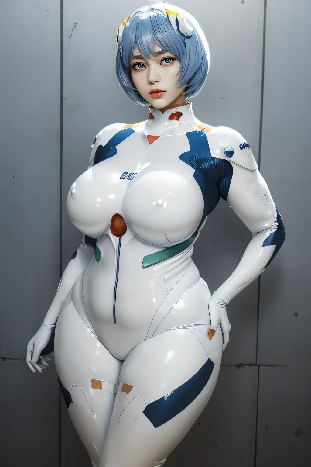 ((masterpiece)), ((photorealistic)), ((8k wallpaper)), ((best quality)), ((perfect quality)), solo, (detailed eyes:0.9), girl, blue short hair, Ayanami Rei, very beautiful, pose: ( standing, (eating donut), arm on belly), face : ( (very beautiful face), asian, japanese, (perfect face), (plump face), plump cheeks, cute face, young ) , figure: ( very full body, (very thick), (chubby), (wide waist), (a bit chubby belly), very soft, (very curvy), (sexy curves), (huge breasts), sexy, ((big deep navel)), (love handles), fat thighs, long legs, fat ass, (muffin top), thunder thighs) , clothes : ( tight white plug suit, (ripped plug suit), (torn plug suit))