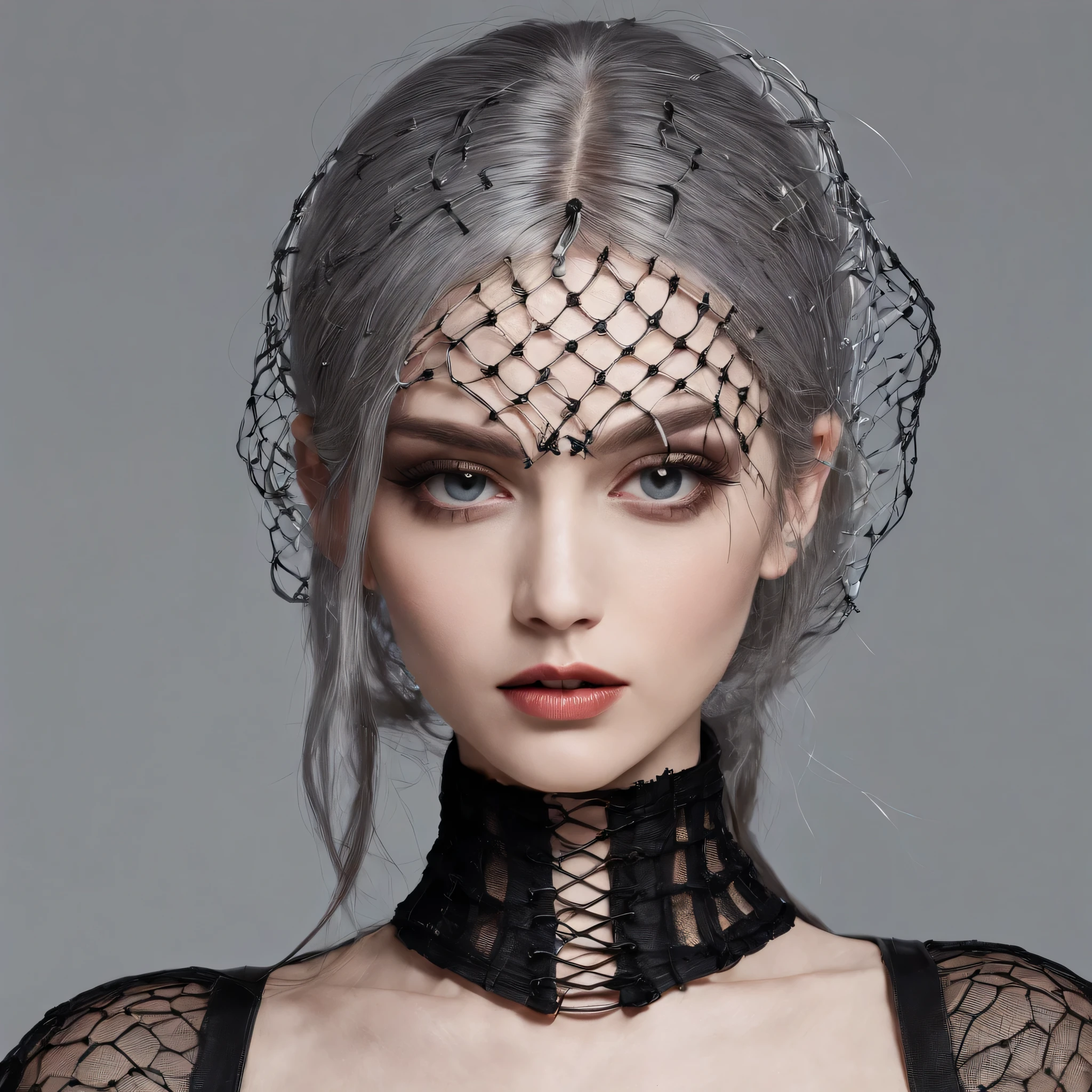 Girl with gothic net symbolic clothes, 。.com (Barbed wire of the body) brunette color hair,Gray hair ends