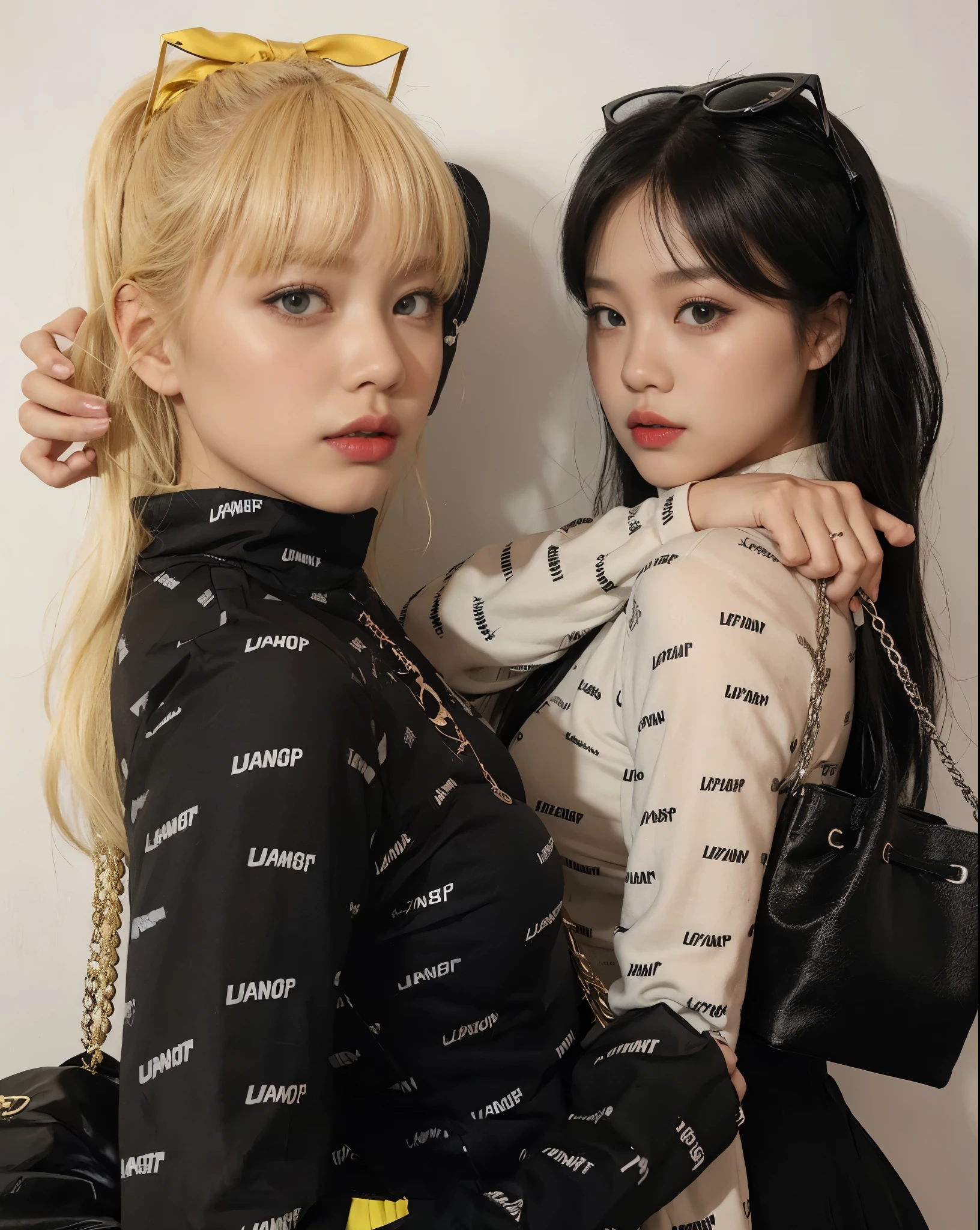 two women with blonde hair and black and white outfits posing for a picture, lalisa manobal, lalisa manoban of blackpink, roseanne park of blackpink, kda and sam yang, 2 0 2 0 fashion, twice, inspired by Wang Duo, profile pic, ulzzang, blackpink, both have red lips, nixeu and sakimichan