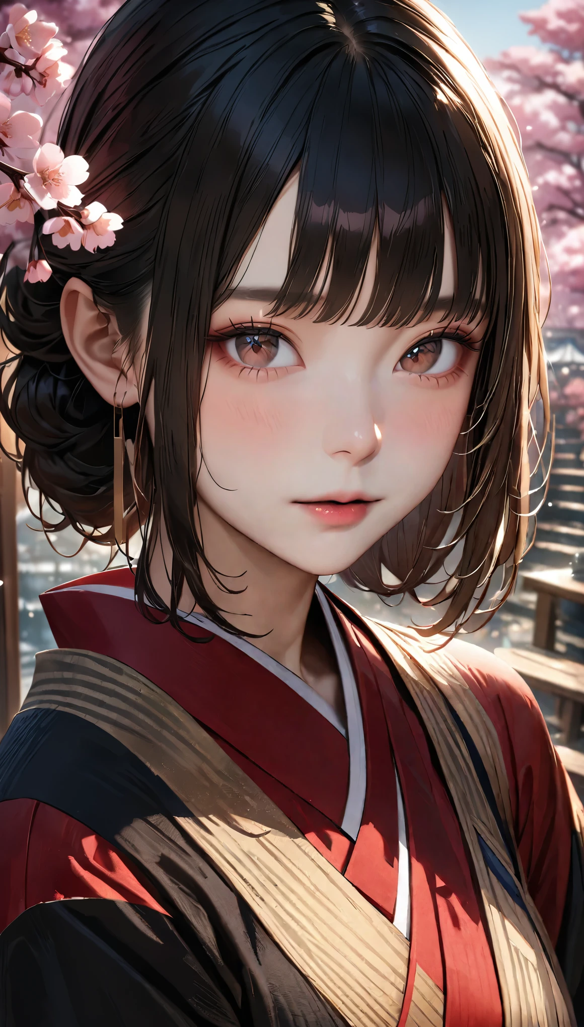 (kimono)、Japanese clothing、(highest quality,masterpiece:1.3,超A high resolution,),(Super detailed,caustics),(Photoreal:1.4,RAW shooting,)ultra-realistic capture,very detailed,High resolution 16K suitable for human skin、 natural skin texture、、Skin tone looks even and healthy、 Use natural light and color,one woman,Japanese,,cute,beautiful silky brown hair,middle hair,(Depth of written boundary、chromatic aberration、wide lighting range、natural shading、)、(hair swaying in the wind:1.3)、(Cherry tree in full bloom:1.3)、Yoshino cherry tree、The beautiful city of Kyoto