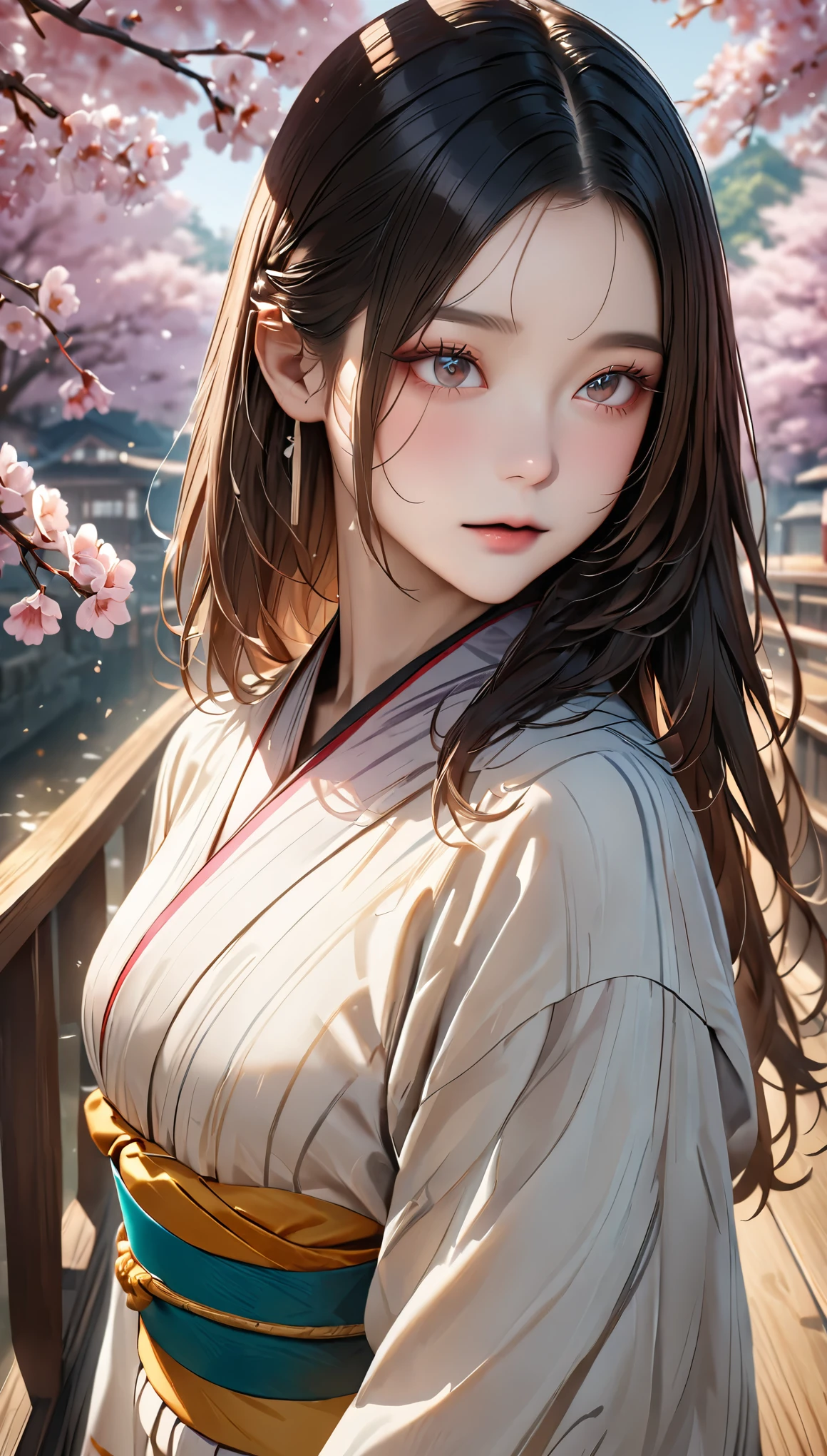 (kimono)、Japanese clothing、(highest quality,masterpiece:1.3,超A high resolution,),(Super detailed,caustics),(Photoreal:1.4,RAW shooting,)ultra-realistic capture,very detailed,High resolution 16K suitable for human skin、 natural skin texture、、Skin tone looks even and healthy、 Use natural light and color,one woman,Japanese,,cute,beautiful silky brown hair,middle hair,(Depth of written boundary、chromatic aberration、wide lighting range、natural shading、)、(hair swaying in the wind:1.3)、(Cherry tree in full bloom:1.*****shino cherry tree、The beautiful city of Kyoto