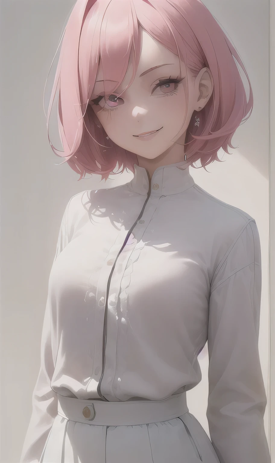 (masterpiece, best quality:1.2), extremely detailed, detailed hair, soft skin,

1girl, solo, standing, upper body, looking at viewer, smiling, evil smiling, 

pink hair, short hair, long length hair

brown eyes, long eyelashes, thick eyelashes, looking at viewer,

white clothes, white pant,



black background
