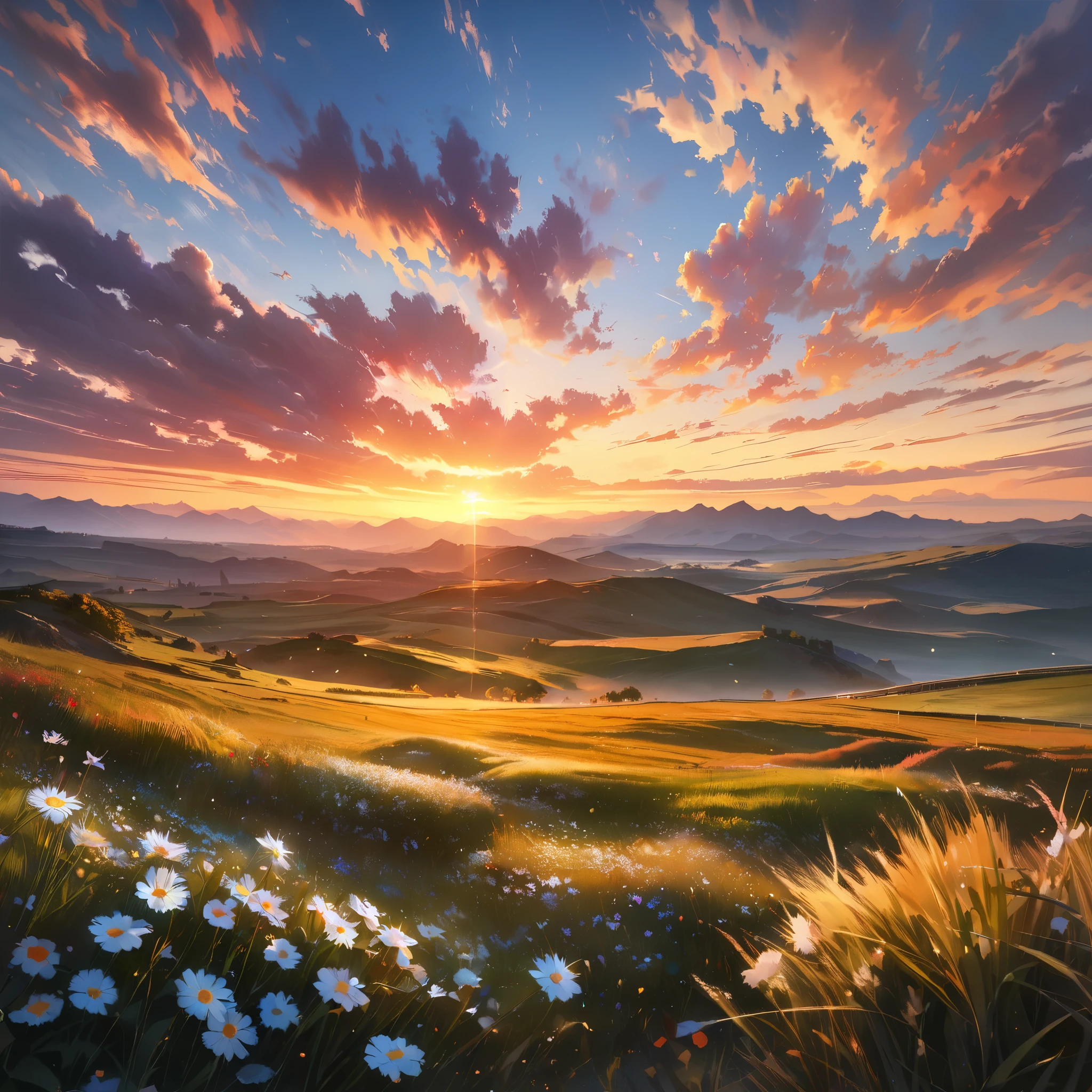Wide-angle landscape,prairie,sky,clouds,sunset,distant mountains,herd of sheep in the foreground,swaying wildflowers,serene atmosphere,spacious(best quality,4k,8k,highres,masterpiece:1.2),ultra-detailed,realistic,landscape painting,vivid colors,studio lighting,sharp focus, HDR,physically-based rendering,peaceful,luminous hues