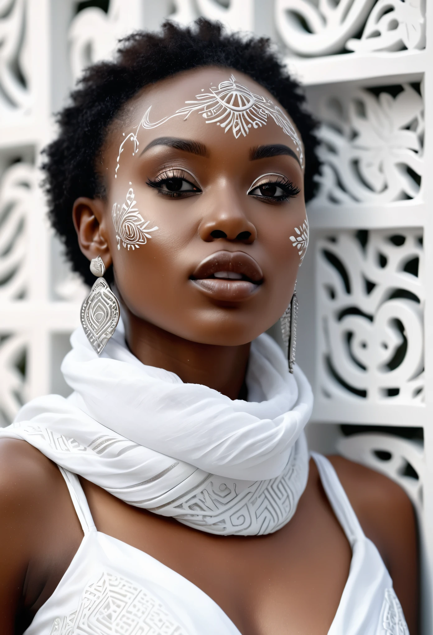 African woman dressed in a white dress and white scarf, with african designed tattoos on her face, a white maze sculpture wall in the background, ultra HD image, beautifully cinematic imagery,