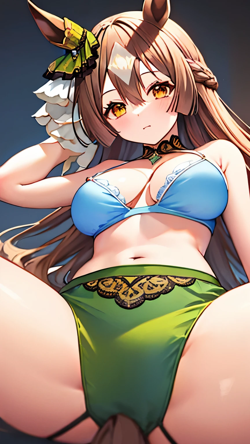 Satono Diamond,Umamusume,horse ears, Uma Musume ,cowboy shot,horse tail,green ribbon,hair between eyes,brown hair, very long hair, spread hair, french braid,brown eyes, princess cut, white skin, big breasts,thin waist,perfect legs,shiny skin, ,light blue panties,light blue bra,spread legs,,((nsfw))