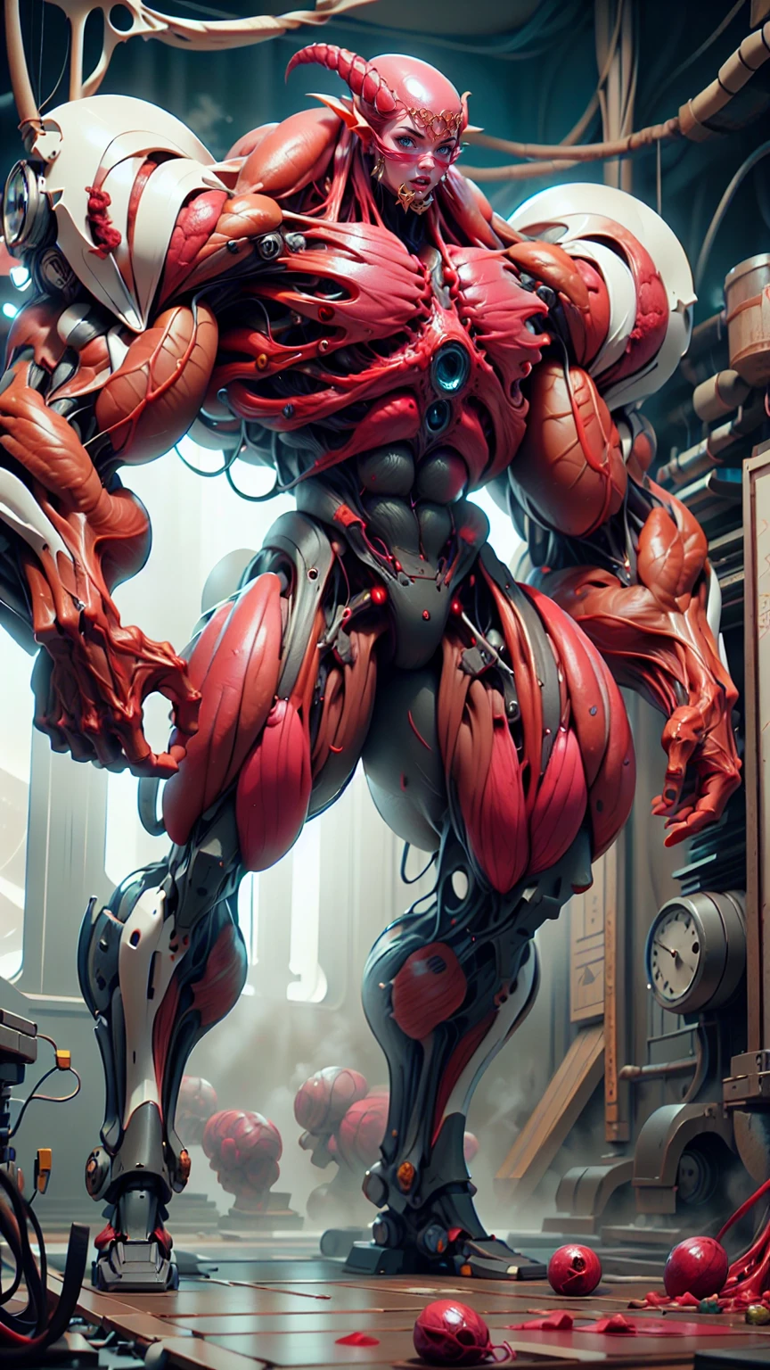 Cinematic, clear facial features and insanely detailed, the image captures the essence of (1 girl), (megan fox:1.25), (long red hair), (carnage skinless physique:1.25), (1 super muscular undead skinless succubus with gigantic horns:1.25), (covered in red necrotic rotting skinless muscle:1.25), (exposed muscles & veins everywhere:1.25), (perfect fingers:1.25) (full body pose:1.25). The color grading is beautifully done, enhancing the overall cinematic feel. Unreal Engine makes her appearance even more mesmerizing. With depth of field (DOF), every detail is focused and accentuated, drawing attention to her eyes and hair. Peak image resolution utilizing super-resolution technology ensures pixel perfection. Cinematic lighting enhances her aura, while anti-aliasing techniques like FXAA and TXAA keep the edges smooth and clean. Adding realism to the muscular bio-mecha succubus , RTX technology enables ray tracing. Additionally, SSAO (Screen Space Ambient Occlusion) gives depth and realism to the scene, the girl's presence even more convincing. In the post-processing and post-production stages, tone mapping enhances the colors, creating a captivating visual experience. The integration of CGI (Computer-Generated Imagery) and VFX (Visual Effects brings out her demonic features seamlessly . Icredible level of detail, with intricate elements meticulously crafted, the artwork hyper maximalist and hyper-realistic. Volumetric effects add depth and dimension, with unparalleled photorealism. 8k resolution rendering ensures super detailed visuals. The volumetric lighting adds a touch of magic, highlighting her beauty and aura in an otherworldly way. High Dynamic Range (HDR) tech makes the colors pop, adding richness to the overall composition. Ultimately, this artwork presents an unreal, yet stunningly real portrayal of an incredibly beautiful bio-mecha succubus girl. The sharp focus ensures that every feature is crisply defined, creating a captivating presence. (girl face:1.45)