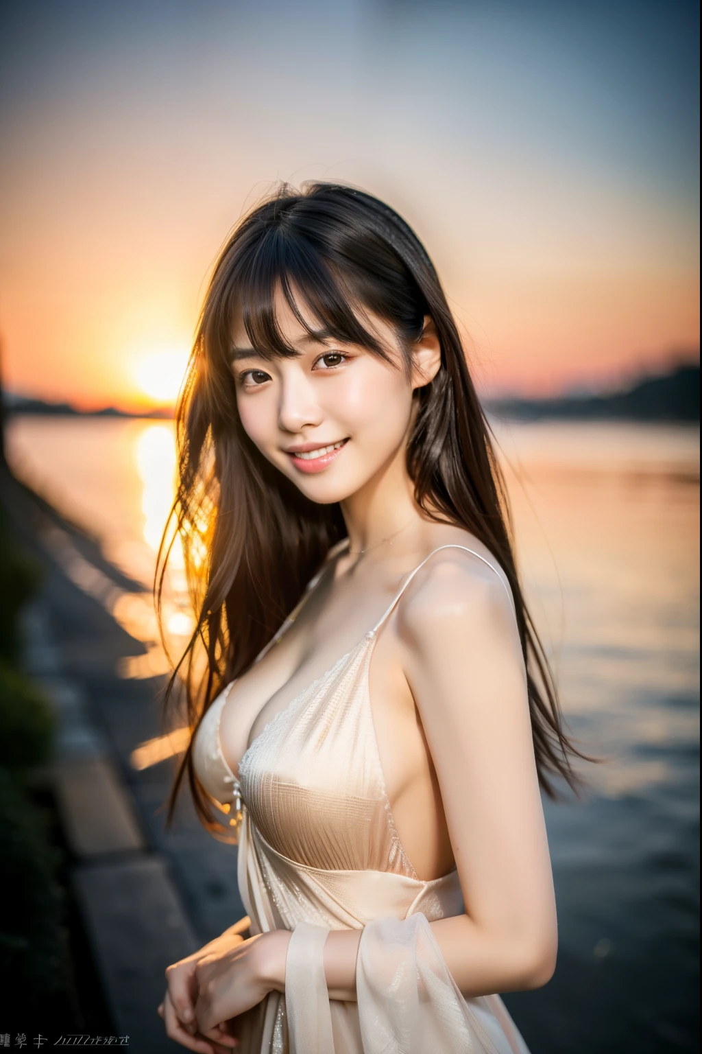 ulzzang-6500-v1.1,(masterpiece, highest quality:1.3), (Ultra-detailed 8K:1.2), (hyperrealistic:1.35),(Raw photo:1.2),highest quality, High resolution, wallpaper, realistic, ,rending with ArtStation, Trending on CGsociety, sharp focus, (dramatic, Realistic painting art by Midjourney:1.3) 
BREAK 
(Japanese women:1.3), 18 years old, (bewitching smile:1.3), action, gravure, sexy, super beautiful, beautiful skin, beautiful and detailed eyes, detailed face, Perfect style, large breasts., Moderately, clean long hair, brunette hair, dark brown eyes, look at the camera, (full body,full shot:1.3),portrait
BREAK Seto Inland Sea during sunset,silhouette of the Seto Ohashi Bridge,sun sinking into the sea,reflection of sunlight on the water,warm hues of the sunset sky,peaceful and serene ambiance,sense of depth,long shot,muted colors,faded photo,polaroid photo,film grain,bokeh,