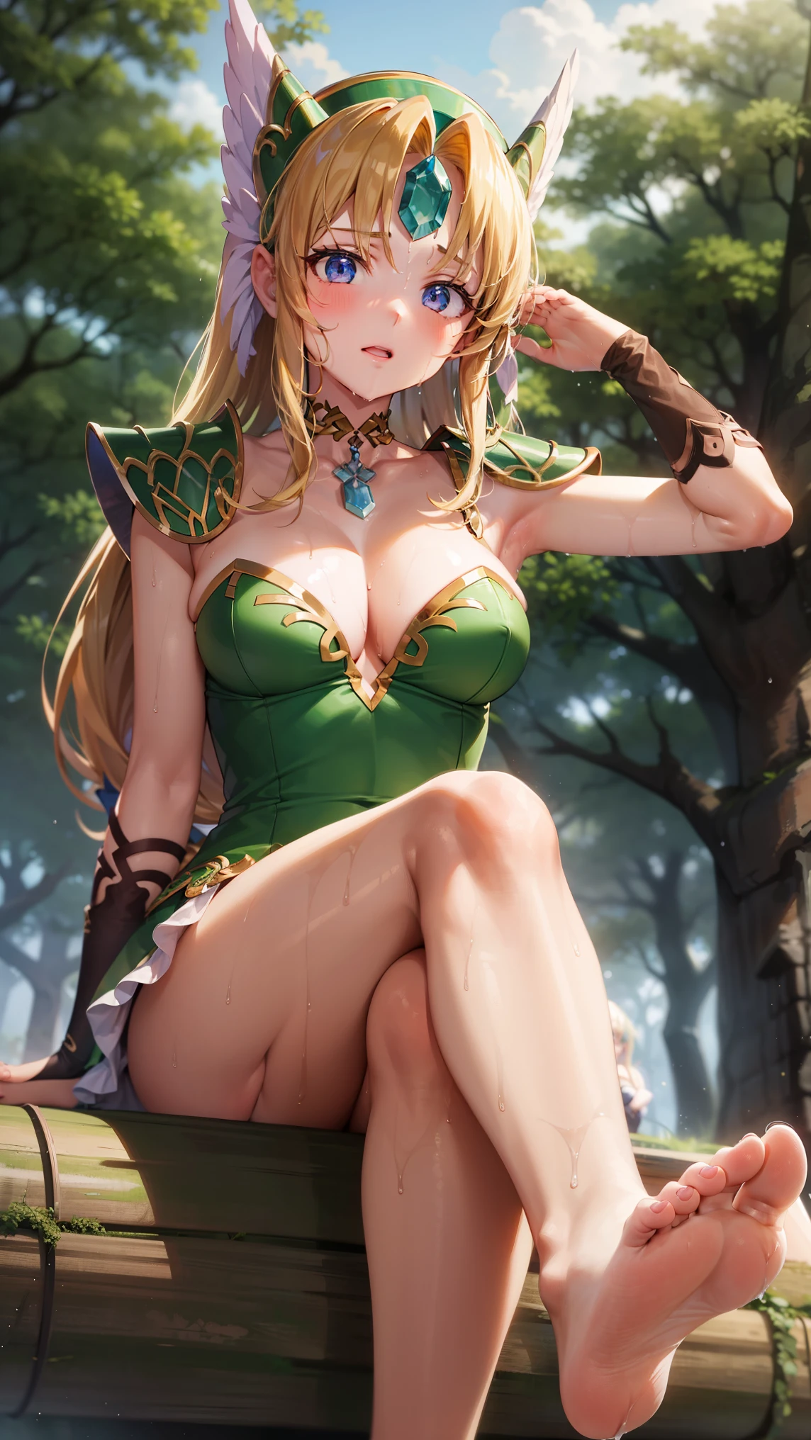 1girl,riesz,green shoulder armour, sweating,blush,cleavage,wet body, flipped hair,armpit,greasy armpit,smooth armpit,in forest,sitting on tree trunk,crossed legs,from below,green armour,feet,five toes,soles of feet