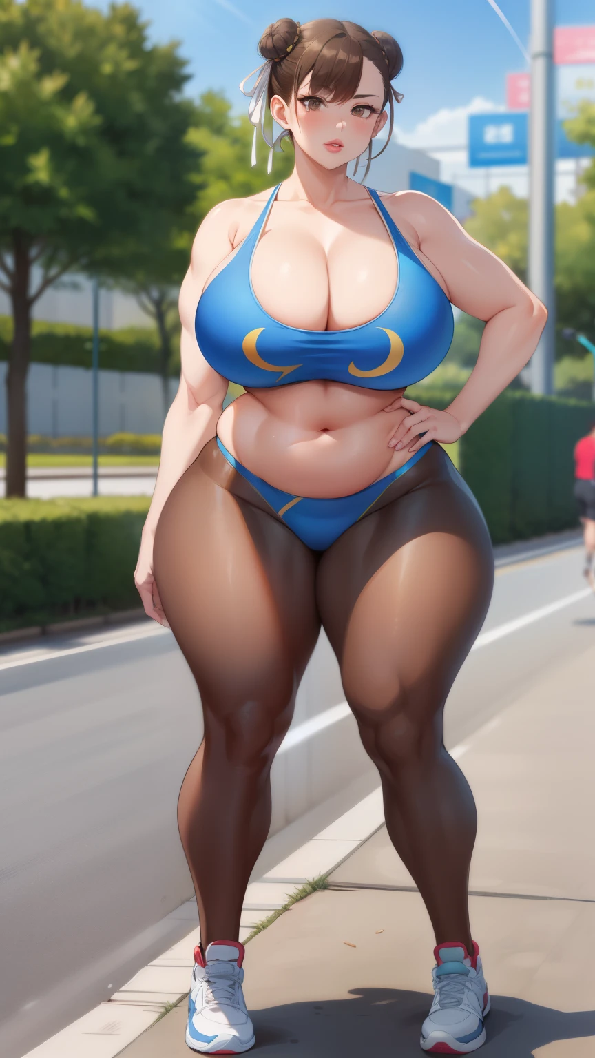 Chunli, 1 girl, ((at last))), perfect face, perfect eyes, looking at the viewer, short hair, brown hair, plump lips, thick lips, wide hips, thick thighs, Longing face, huge natural breasts, cleavage, mature mom, (often play sports), (sports short), looking at the viewer, brown eyes, outdoor, Tokyo, belly button, strong legs, full body shot, 