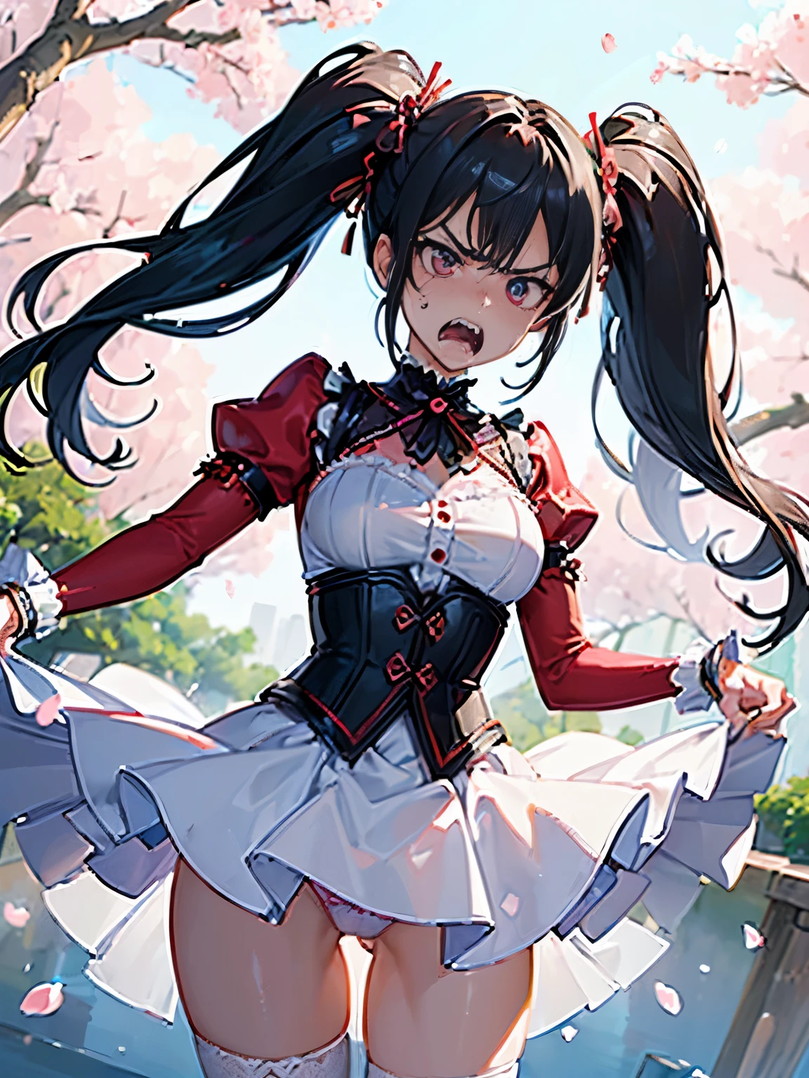 masterpiece,((highest quality)),8k wallpaper,precise expression,((very detailed explanation)),RAW photo. ((female 1)),20-year-old,super beauty,((Fine facial details)),perfect anatomy,correct anatomy,perfect face,perfect arms,,perfect fingers,perfect waist,perfect thighs,twin tails,beautiful black hair,view audience,Camera flash reflected in the eyes,((very angry:1.5)),((Very detailed depiction of facial parts)),very red face,((fine facial details)),Wear a white blouse with frills on the collar,wearing a purple corset,maid cosplay,white miniskirt with white frills,((lift the hem of the skirt)),(Show off your panties to your audience),(showing off pink lace panties),white stockings,((75 degree angle from bottom)),close up shot,japanese model. The background is a cherry tree,spring,noon,The wind is blowing,Many cherry blossom petals flutter,wonderful.