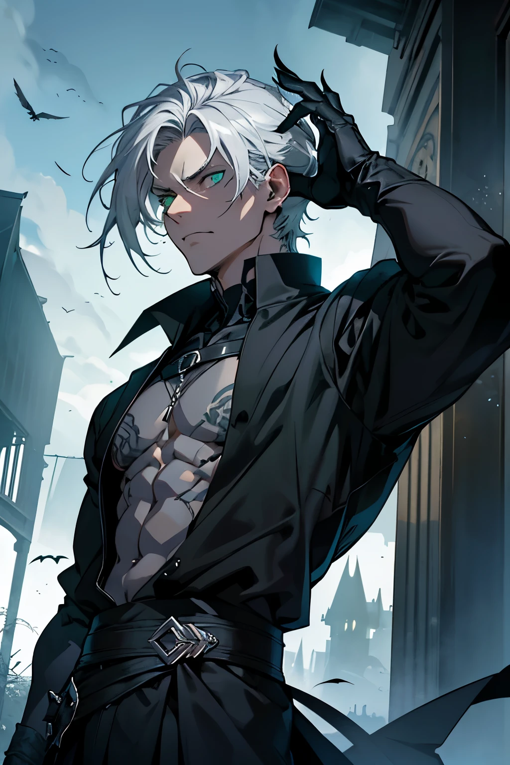homen,strong muscles, White hair, best qualityer,open chest vest, blue and black clothes, Dragon Wings, black cloth on face, silver cross chain around neck, fedora hat with blue horns, sung jin woo face