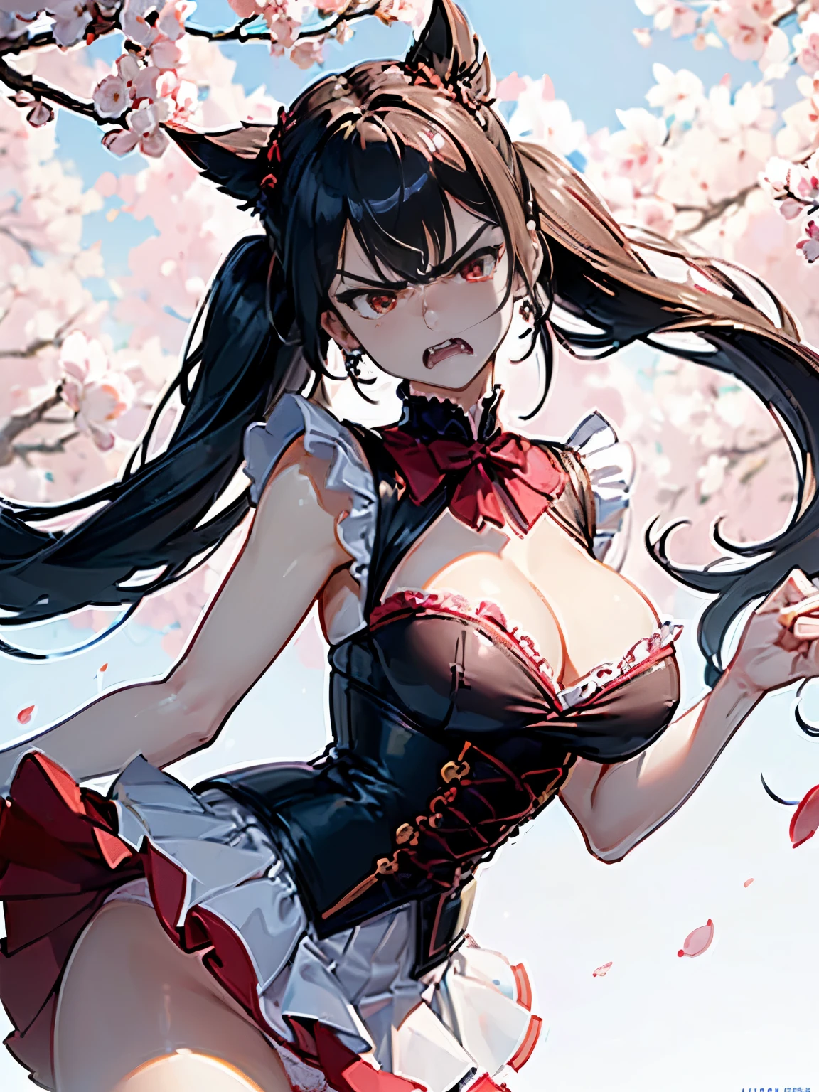 masterpiece,((highest quality)),8k wallpaper,precise expression,((very detailed explanation)),RAW photo. ((female 1)),20-year-old,super beauty,((Fine facial details)),perfect anatomy,correct anatomy,perfect face,perfect arms,,perfect fingers,perfect waist,perfect thighs,twin tails,beautiful black hair,view audience,Camera flash reflected in the eyes,((very angry:1.5)),((Very detailed depiction of facial parts)),very red face,((fine facial details)),Wear a white blouse with frills on the collar,wearing a purple corset,maid cosplay,white miniskirt with white frills,((lift the hem of the skirt)),(Show off your panties to your audience),(showing off pink lace panties),white stockings,((75 degree angle from bottom)),close up shot,japanese model. The background is a cherry tree,spring,noon,The wind is blowing,Many cherry blossom petals flutter,wonderful.