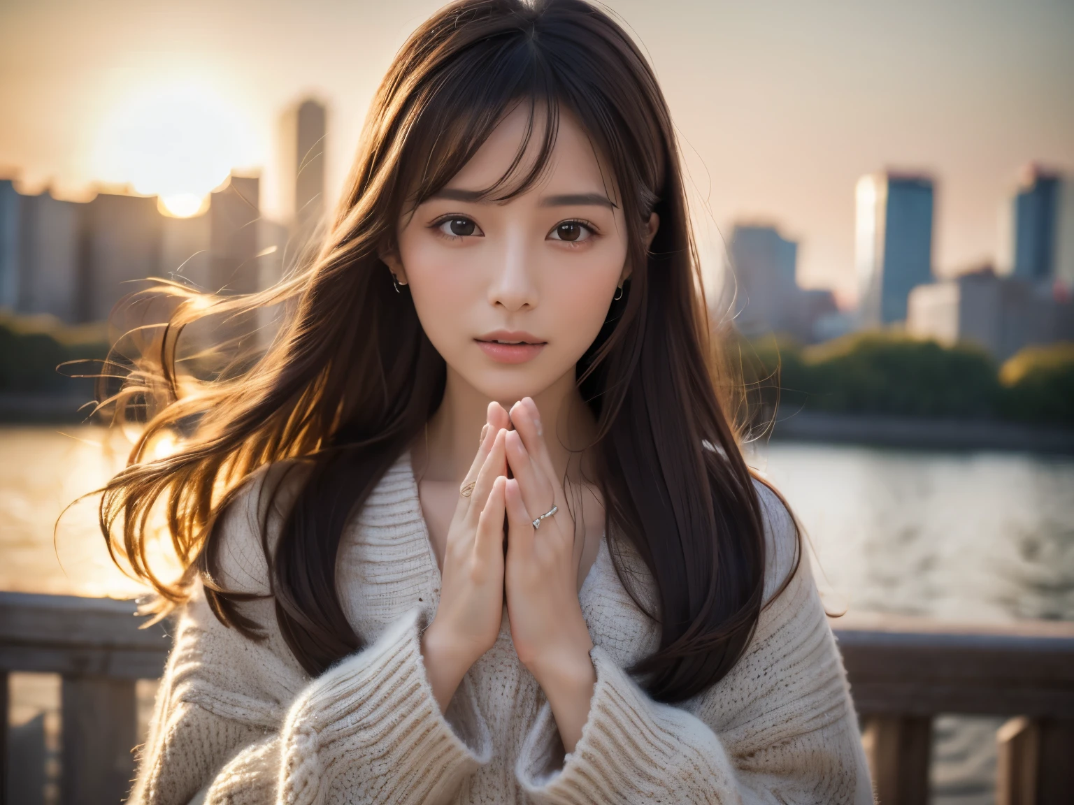 (Profile of a woman), (praying to sunset), (knitwear)、(top-quality,​masterpiece:1.3, Super high resolution), (ultra-detailliert,Caustics),(Photorealsitic:1.4,RAW shooting,)Ultra-realistic capture, A highly detailed, high-definition 16K for human skin,  (((looking afar at starry sky))), (((hands together))), One Woman, Japanese, kawaii, A dark-haired, Middle hair,