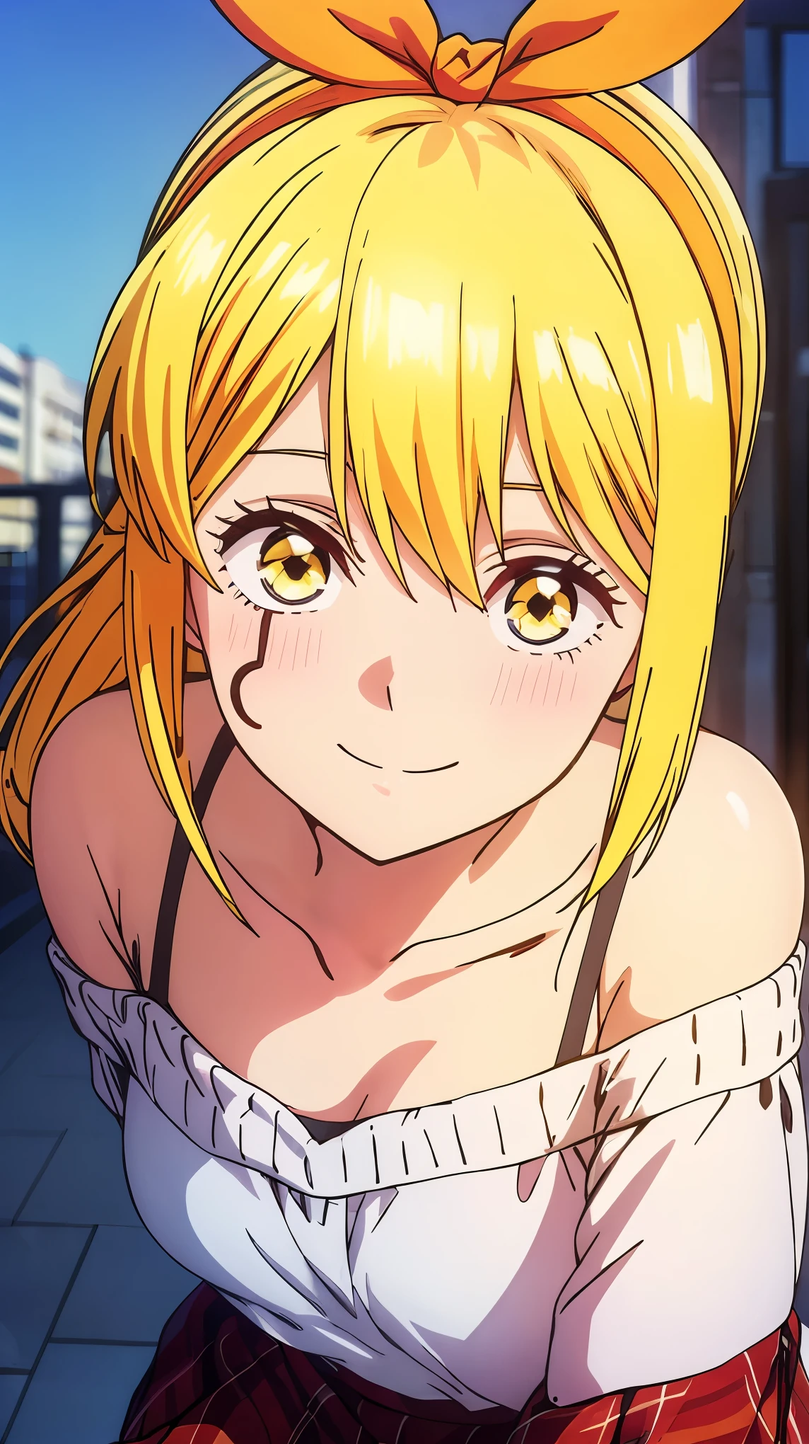 masterpiece, highest quality, 8K, ultra high resolution, highest quality, anime style, best writing, beautiful face, beautiful illustrations, 1 girl, alone、long hair, yellow eyes, (side ponytail:1.3), blonde, Bruises on the face, best smile, blush, (White off-shoulder knit:1.3), (plaid skirt:1.3), Hair scrunchies, best writing, city, In front of the station, In town, close, free pose, (extreme close up:1.1)