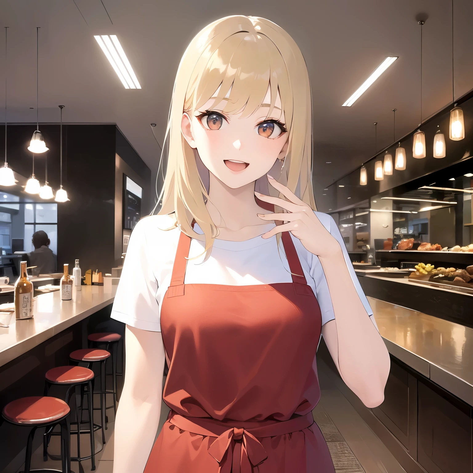 waving hand, Upper Body, Realistic, real person, (pale skin: 1.2), RAW photo, photorealistic, portrait photography, shiny skin, japanese idol、shiny hair、(25 year old woman with medium hair with blonde bangs) and and (pony tail) and (wavy hair) and (orange eyes) ,　 smile, open mouth, Wearing a plain white T-shirt、red apron、The background is the interior of the restaurant.、Alone、Are standing