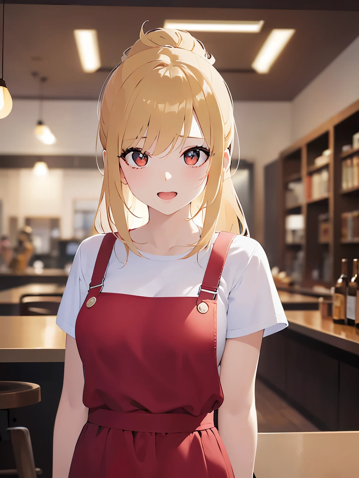 Tilting head, night, dark, Upper Body, Realistic, real person, (pale skin: 1.2), RAW photo, photorealistic, portrait photography, shiny skin, japanese idol、shiny hair、(25 year old woman with medium hair with blonde bangs) and and (pony tail) and (wavy hair) and (orange eyes) ,　 smile, open mouth, Wearing a plain white T-shirt、red apron、The background is the interior of the restaurant.、Alone、Are standing