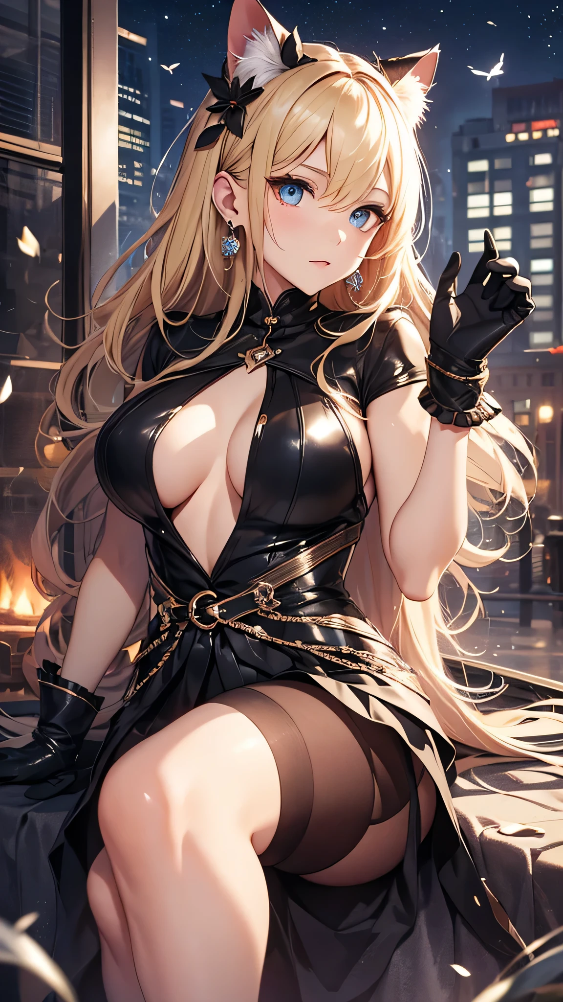 最high quality、best image quality、masterpiece、girl((20-year-old、 By becoming、vest bust、medium bust,wide open breast tea、shining blue eyes, blonde、long hair、thin,highest valley、diamond earrings、cat tail、Cat ear、cat costume jacket、cat gloves、how much do you know)),high quality、beautiful art、background(night room))、Flight、debris flies、Depth of written boundary、movie、visual art、perfect art、8K,genuine、Dynamic Performance