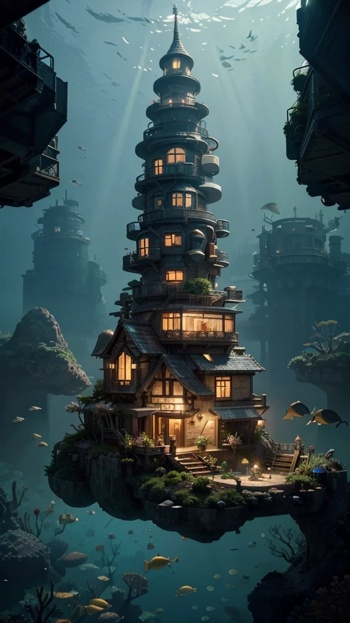 Colontasy: 1.2), (Hayao Miyazaki style), (irregular building floating under the sea), patchwork cottages, Moss decorations, coral, lights, concept art inspired by Andreas Rocha, Artstation contest winner, Fantasy art, (underwater city), ross tran, light shafts, realistic lighting, masterpiece, high quality, beautiful graphics, high detail, masterpiece, high quality, beautiful graphics, high detail,