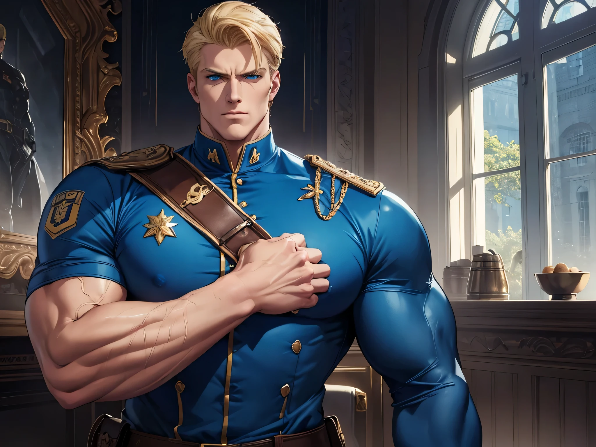 super fine illustration, Ultra high resolution, obra de arte, Mais alta qualidade, Perfect Lighting, Specific Lighting, dramatic shadow, rastreamento de raio, Um homem alto, loiro, muscular arms, Corpo musculoso, villainous expression, olhos azuis, Queixo quadrado, ((short hair combed back, fixado com gel))vestido com um traje militar azul simples, overall classification,(obra de arte)
