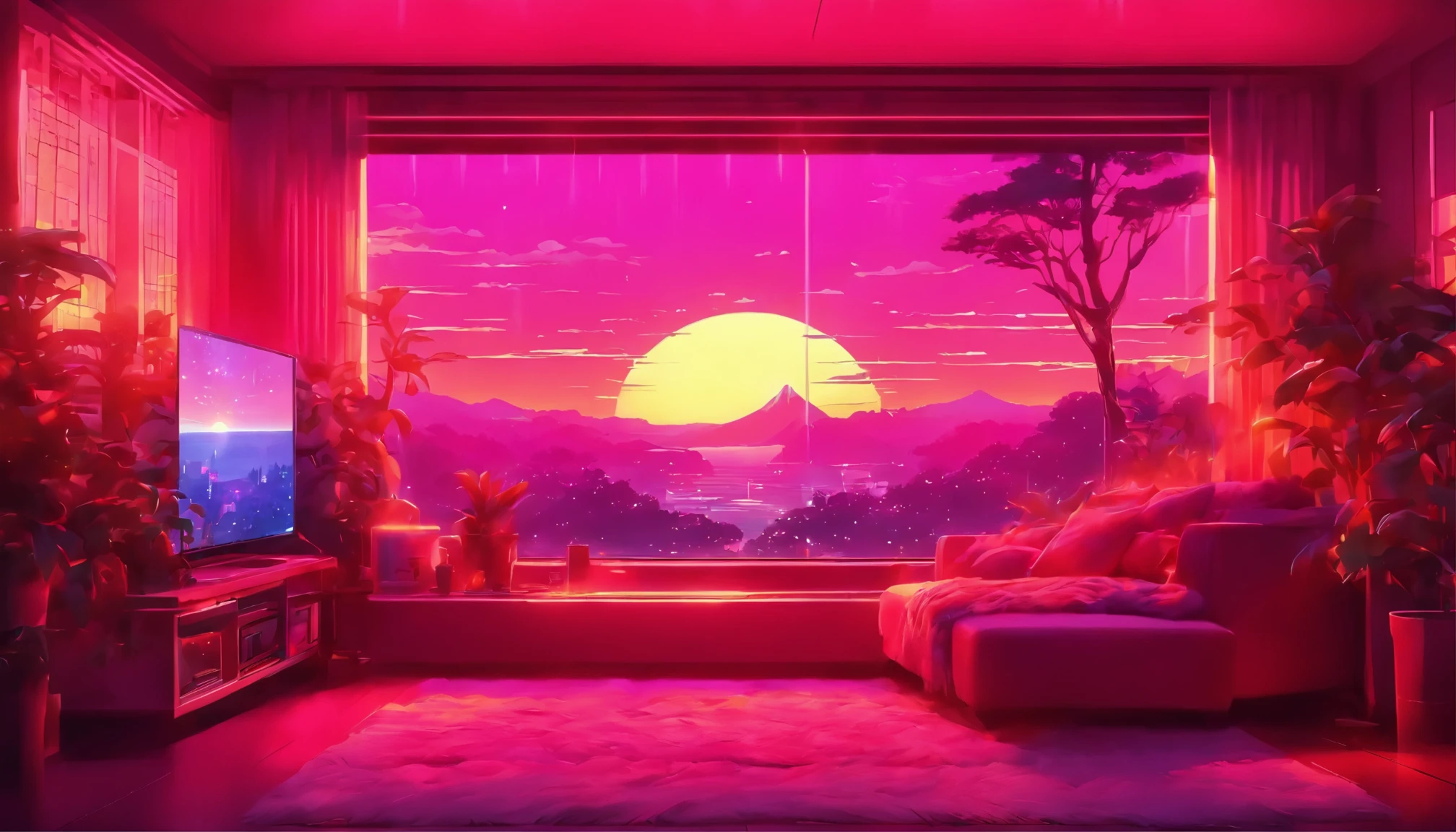 large cozy luxurious neon pink living room with big tv screen and tree plants, with sunset view