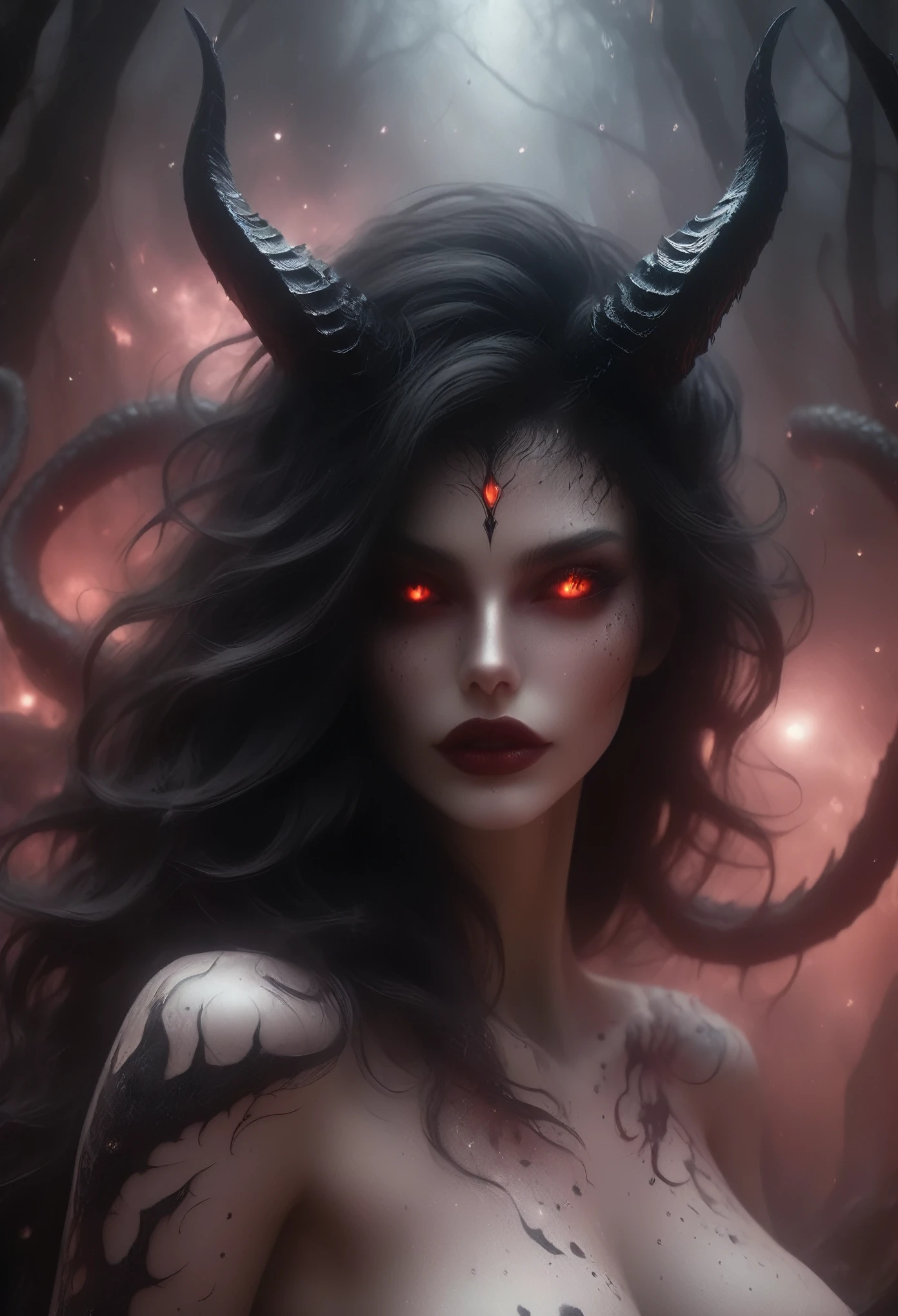 (best quality,4k,8k,highres,masterpiece:1.2),ultra-detailed,(realistic,photorealistic,photo-realistic:1.37),sinister female demon from the depths of the universe with terrifying face,elegant appearance,fierce expression,pale skin and dark shadows,sharp pointed teeth,(extra-long,extremely detailed) snake eyes all over her body,dark flowing hair,long wavy black hair,glowing red eyes,sharp claws,dark aura,ominous atmosphere,demonic presence,smoke and fog,cosmic background with stars and galaxies,celestial scenery,mystical energy,ethereal glow,otherworldly beauty,nebula dust and scattered planets,lunar eclipses and shooting stars,galactic dust and lighting,cursed and forbidden beauty,serpent-like tongue and scales,glowing dark wings with intricate patterns,black feathered wings with metallic sheen,silhouette of jagged mountains,enchanted glowing forest with twisted trees,phosphorescent flowers and plants,bloody crimson moon,fractured dimensions and portals,crackling electricity and energy sparks,hauntingly beautiful,deceptive and captivating,female manipulation and supernatural power,mysterious and alluring,powerful and untamed,fearful and respected,gothic and surreal art style,vivid contrasting colors,black and red color palette,dramatic lighting with deep shadows,juxtaposition of light and darkness. (nude, nipples:1.8), she has long strong red nails