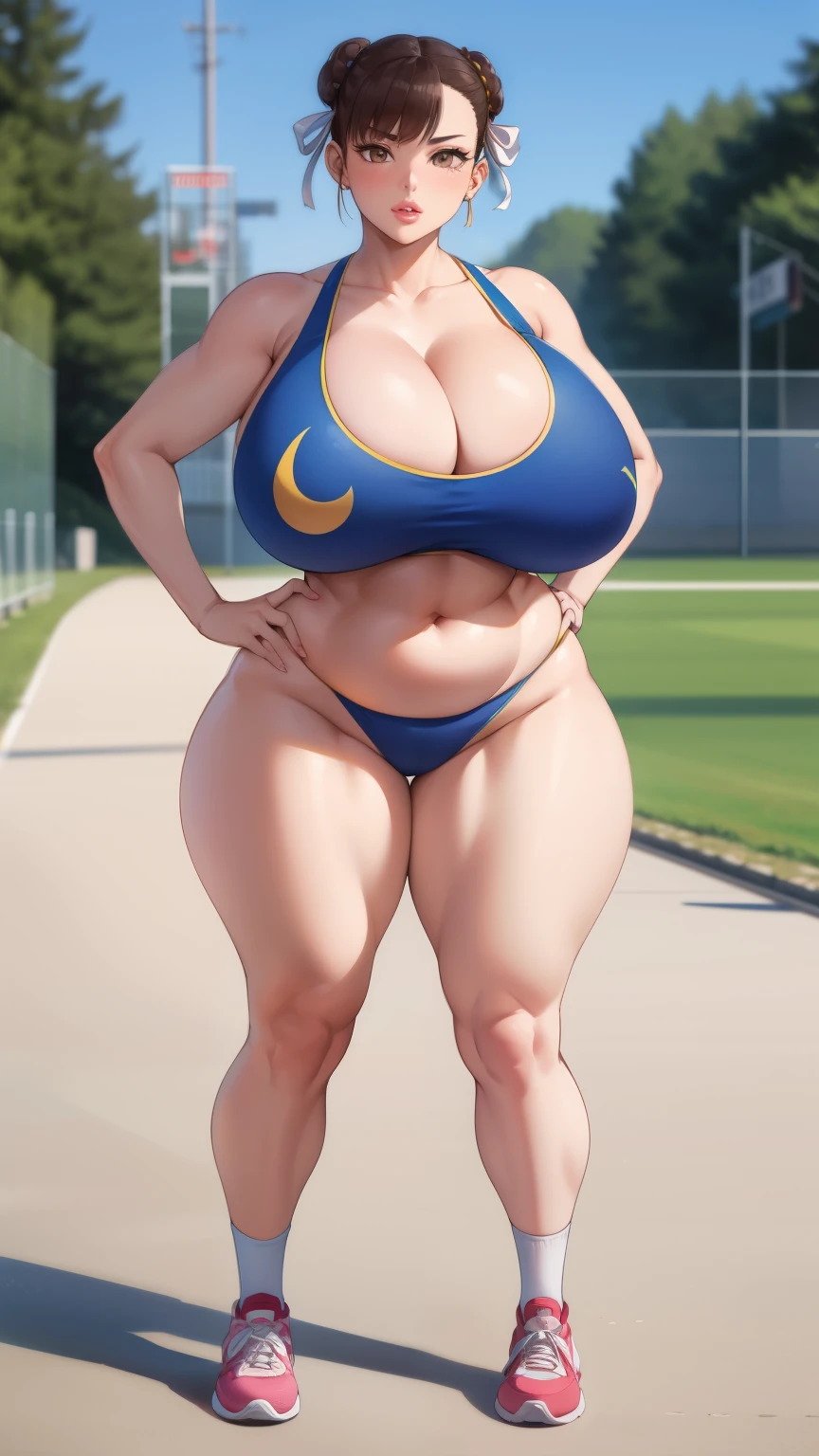 Chunli, 1 girl, ((at last))), perfect face, perfect eyes, looking at the viewer, short hair, brown hair, plump lips, thick lips, wide hips, thick thighs, Longing face, huge natural breasts, cleavage, mature mom, (often play sports), (sports short), looking at the viewer, brown eyes, outdoor, Tokyo, belly button, strong legs, full body shot, 