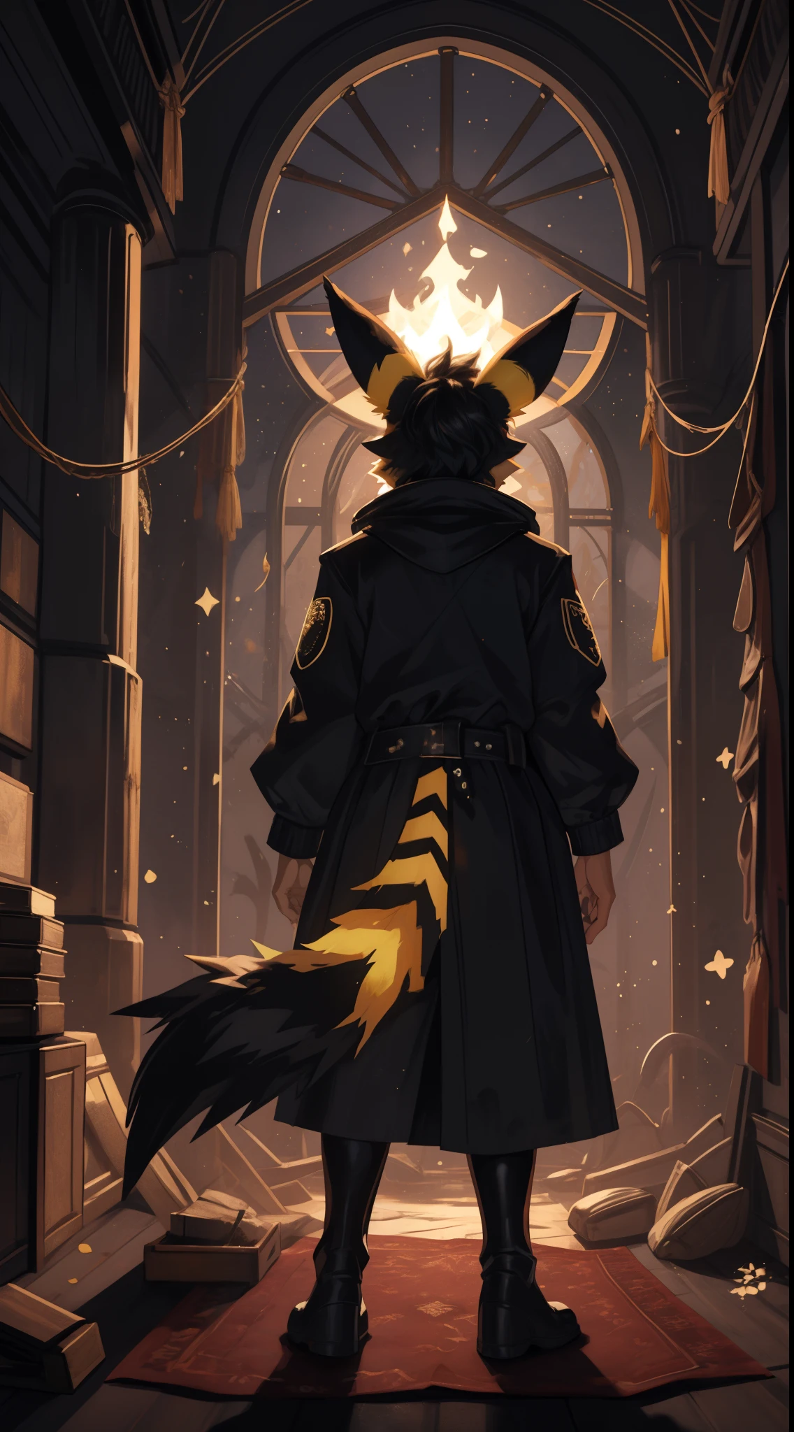 masterpiece, best quality, HD, ultra-detailed, vivid colors, Pokemon Umbreon, ((female, 1woman, 1girl:1.35)), black Evee, Umbreon pokemon, Psychic pokemon, (furry:1.35), humanoid, humanization, anthropomorphic, on 2 legs, beautiful detailed yellow eyes, big yellow eyes, dark scary environment, scary color palette, ((black fur)), short black with yellow fluffy tail and ears, detailed black with yellow stripes hair color, beautiful short black with yellow stripes hair, ((black color cloth, cloth with mantle, fur coat:1.25)), yellow sparks floating around, scary pose, trying to scare, dark clouds in the sky