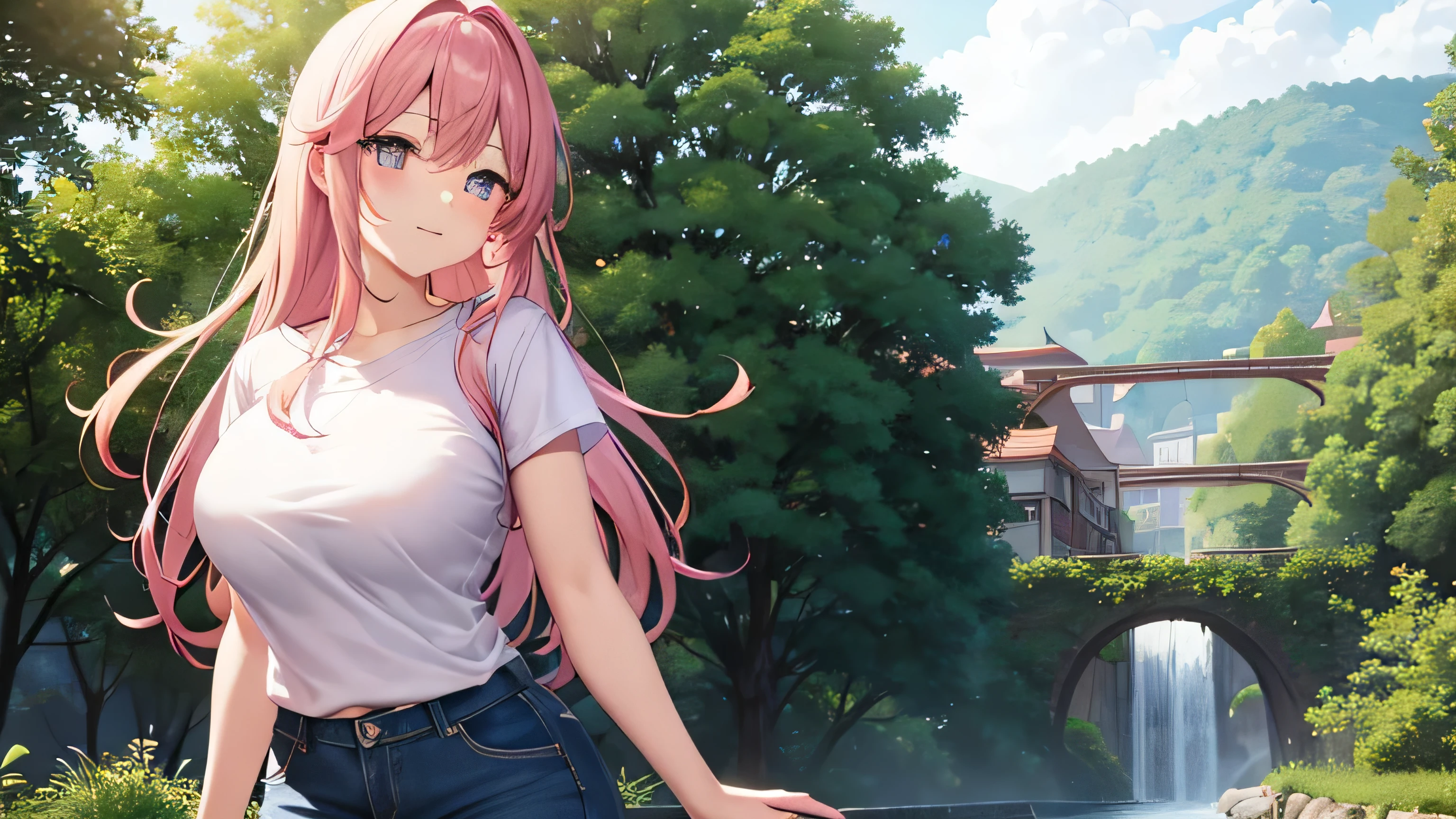 anime、pink hair、big breasts、white shirt、shorts、valley