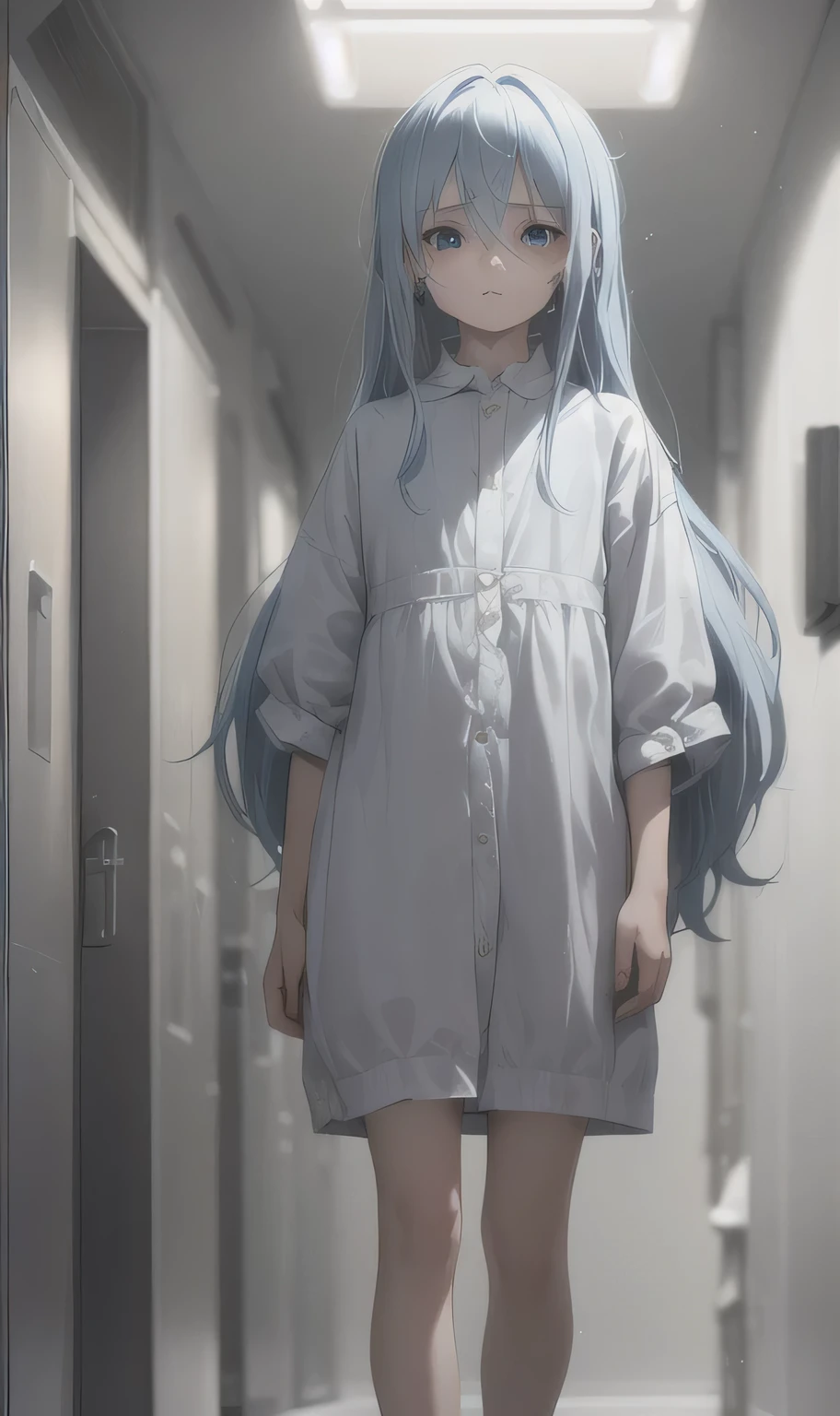 (masterpiece, best quality:1.2), extremely detailed, detailed hair, soft skin,
1boy, little, solo, standing at corridor, full body, looking at viewer, no emotion, little body
light blue hair, long hair, messy hair
blue eyes, looking at viewer,
white wide and baggy dress, hospital clothes
at big lab corridor, dark amtosphere
dark and night background