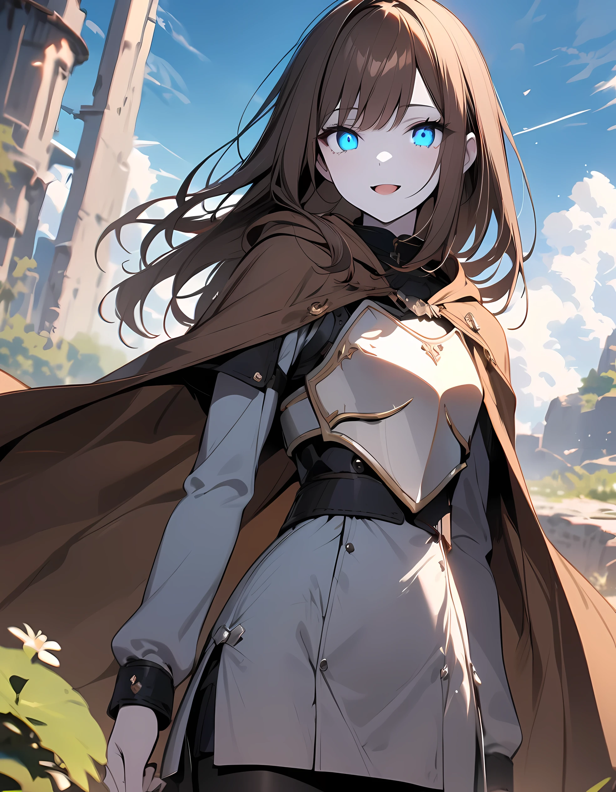 detailed, (masterpiece:1.2), (pale_skin:1.2), (solo:1.2), (female), slender, (glowing_eyes:1.2), (bright_eyes), long hair, looking at viewer, smile, open mouth, bangs, blue eyes, brown hair, long sleeves, standing, outdoors, sky, hood, cape, armor, blue sky, shoulder armor, breastplate, brown cape