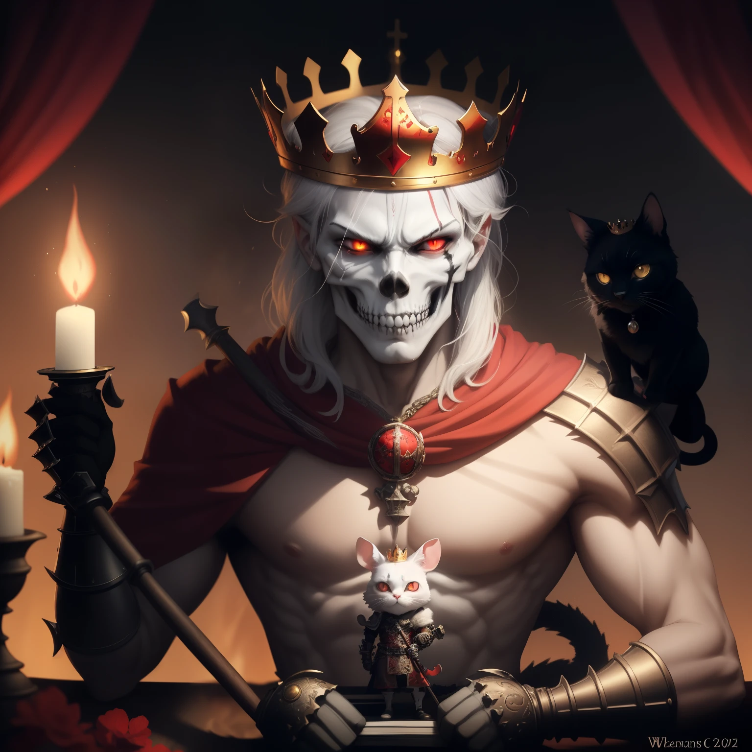 horse skull for a head with long white wispy hair, wearing dusty ((charcoal grey robe)) and ((crown made of red poppies)), black saliva drips from mouth and fangs, background is a village filled with smoke and fog