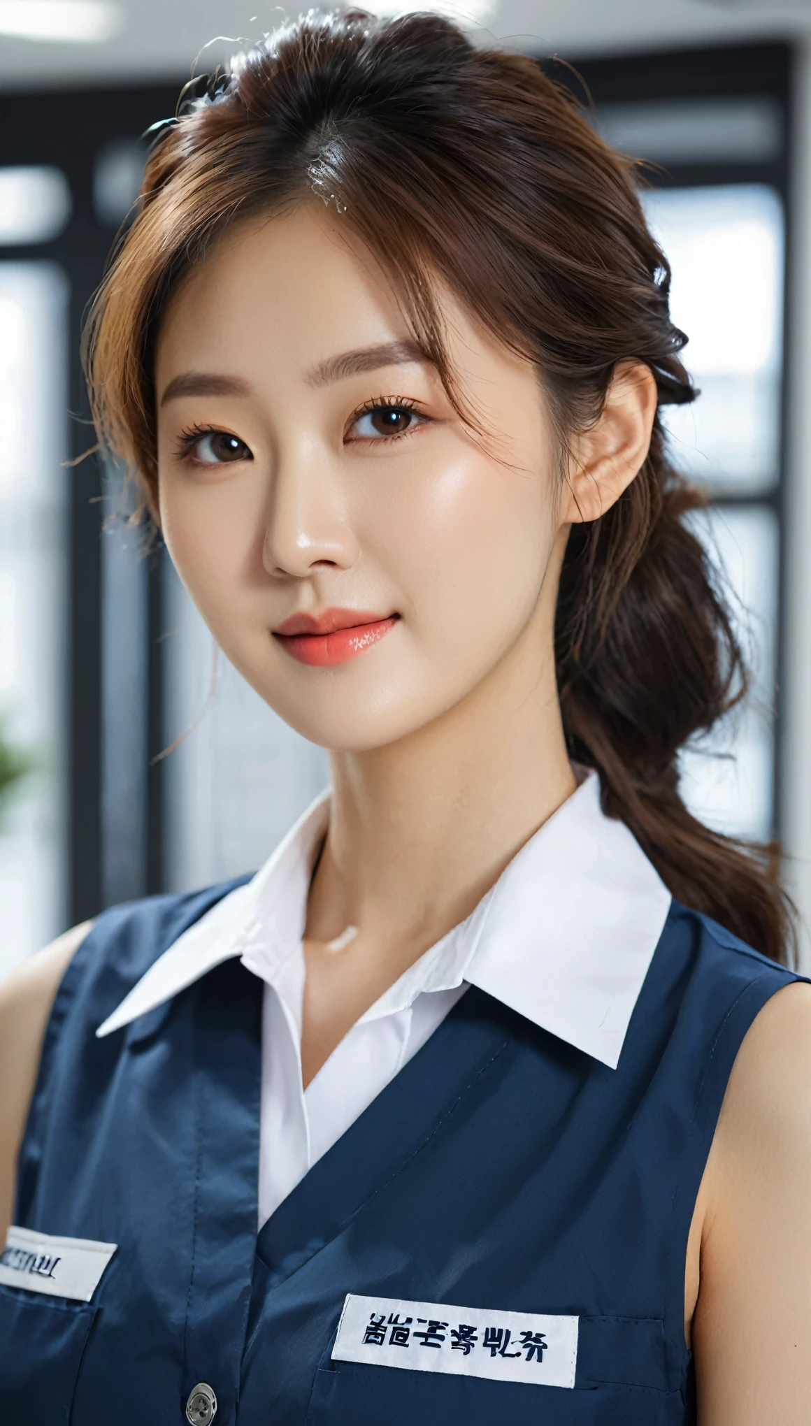 close-up shot of beautiful korean female, 36 inch breasts size, hair behind ears, slightly smile, wearing dresed in a blue, black and white themed sleeveless collared repair department uniform, in the office