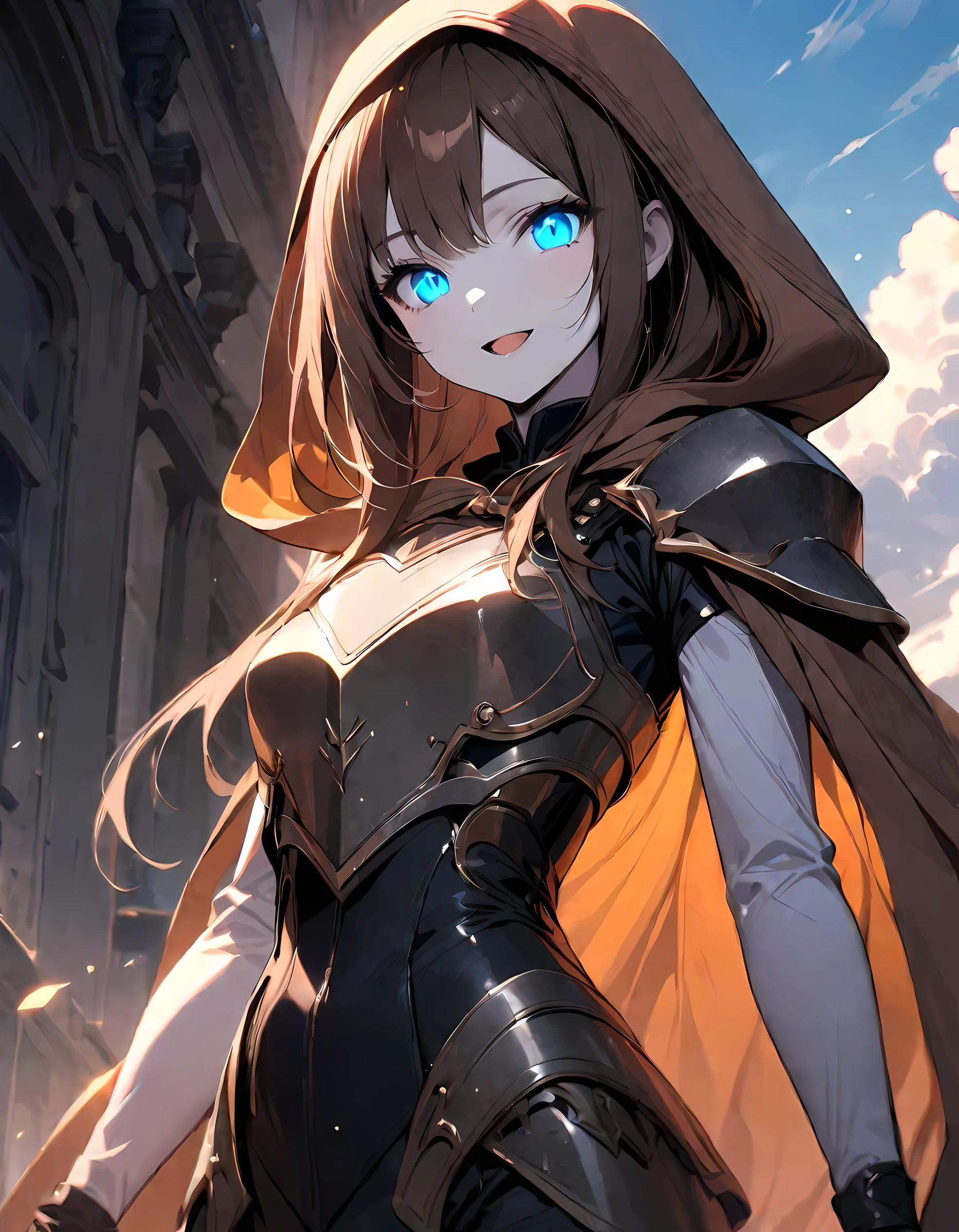 detailed, (masterpiece:1.2), (pale_skin:1.2), (solo:1.2), (female), slender, (glowing_eyes:1.2), (bright_eyes), long hair, looking at viewer, smile, open mouth, bangs, blue eyes, brown hair, long sleeves, standing, outdoors, sky, hood, cape, armor, blue sky, shoulder armor, breastplate, brown cape