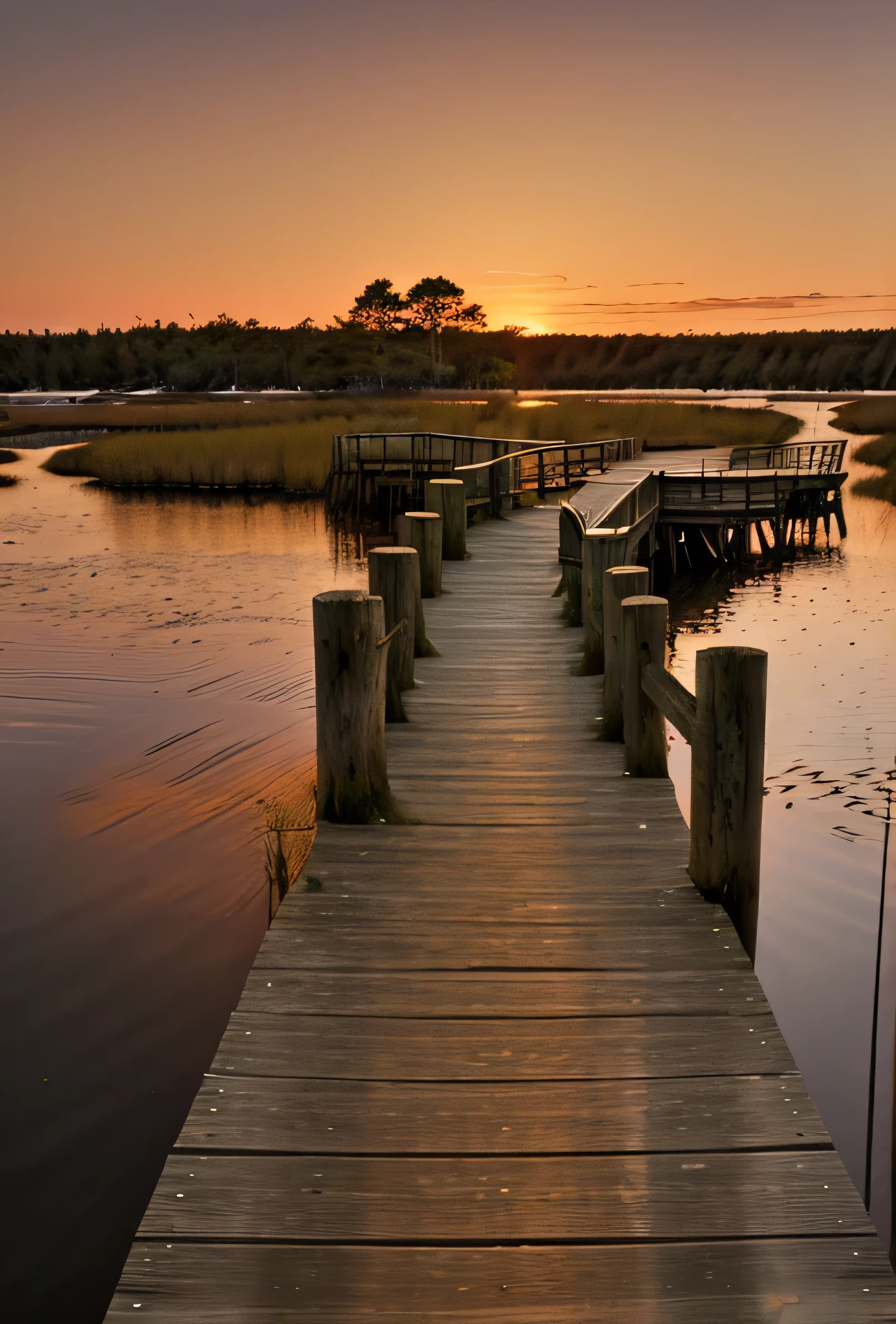 boardwalk thru a marsh, earth colors, sunset