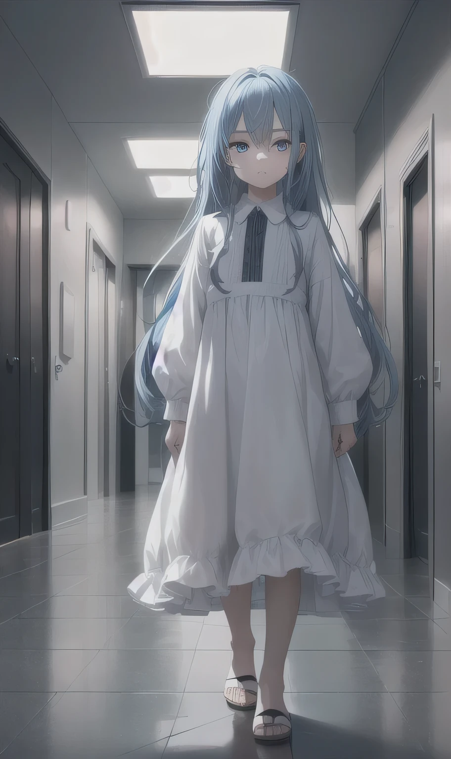 (masterpiece, best quality:1.2), extremely detailed, detailed hair, detailed face, detailed eyes, 

1boy, little, solo, standing at corridor, full body, looking at viewer, no emotion, little body

light blue hair, long hair, messy hair

blue eyes, looking at viewer,

white wide and baggy dress, hospital dress

at big lab corridor, dark amtosphere

dark and night background, night, dark atmosphere
