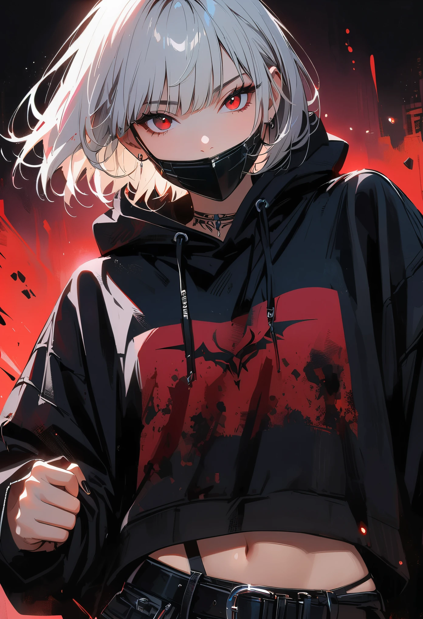 (masterpiece, best quality:1.5), (ultra detailed, high resolution, 8k, beautiful detailed, UHD, best anatomy), white hair, medium breasts, 1 cool girl, Oversized sweatshirt, Body covered with scars, A frightened look on your face, covered in bruises all over, full body shot, Painful larger wound